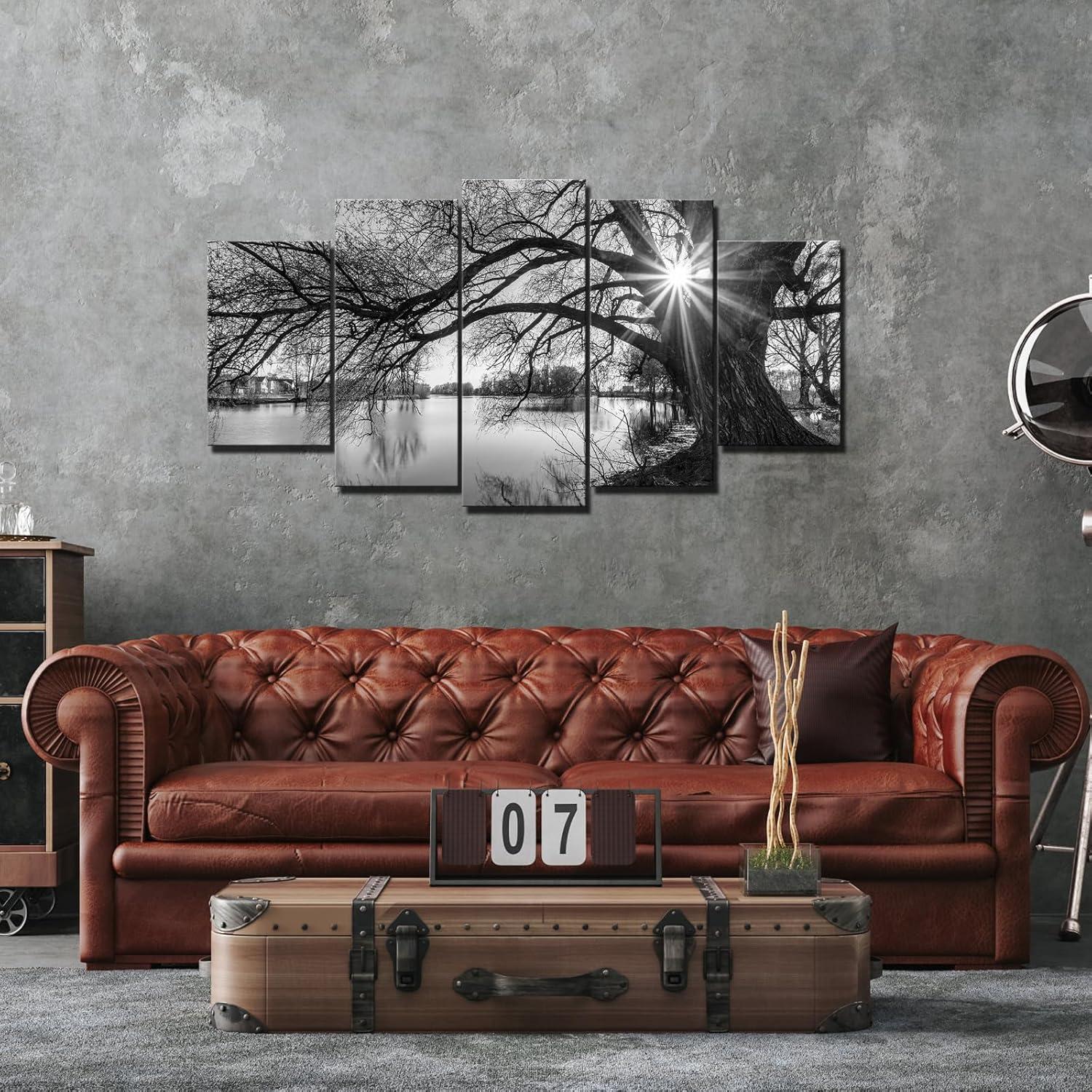 5 Pieces Wall Art Old Tree by Lake Picture Canvas Prints Sunrise Painting Black and White Landscape Canvas Art Modern Wall Decoration Framed and Ready to Hang