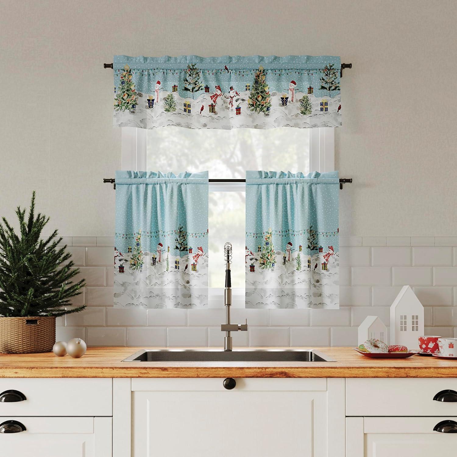 No. 918 Holiday Wonderland 1-Piece Semi-Sheer Rod Pocket Kitchen Curtains, 54"x14", Blue