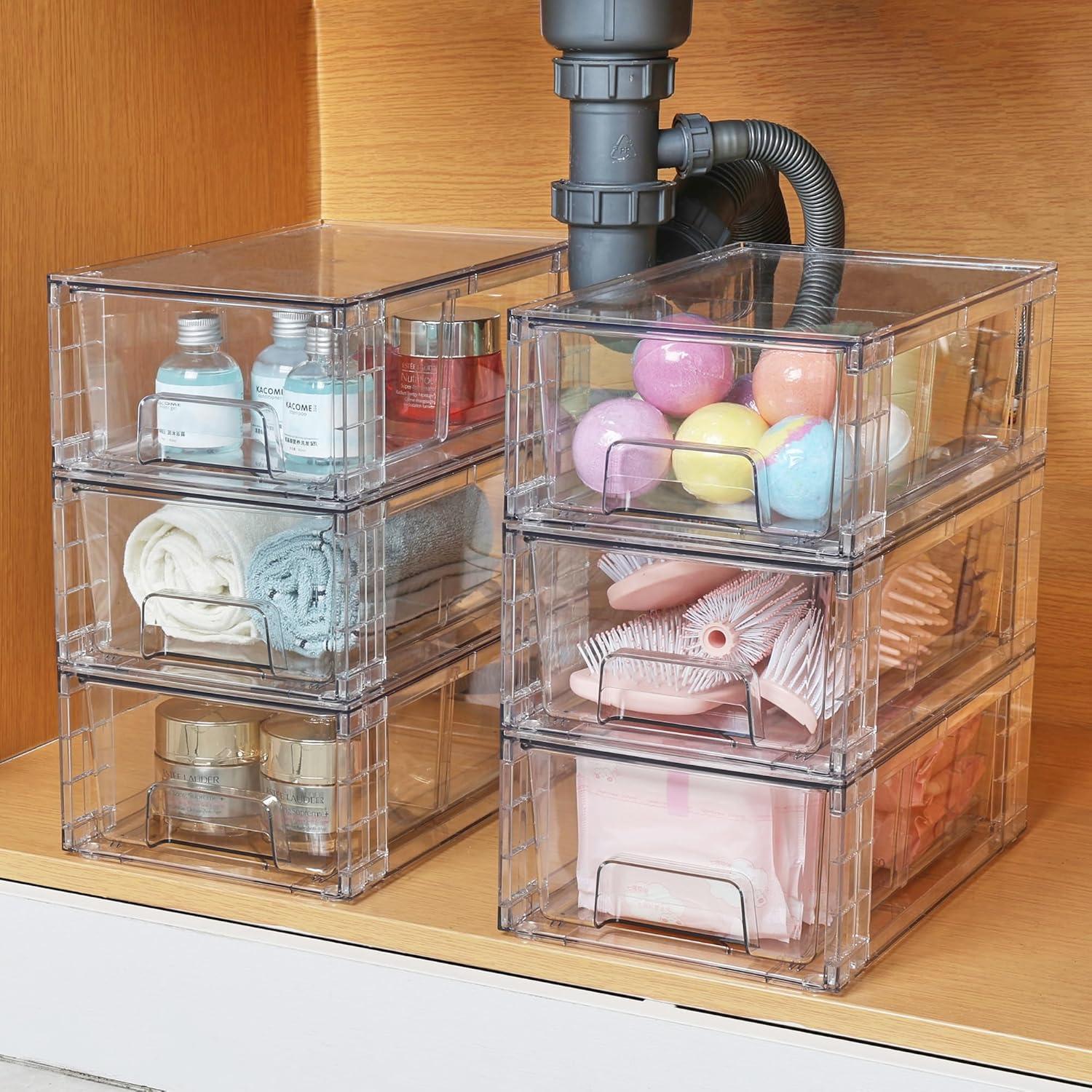 Clear Stackable Acrylic Storage Drawers with Handles, 4 Pack