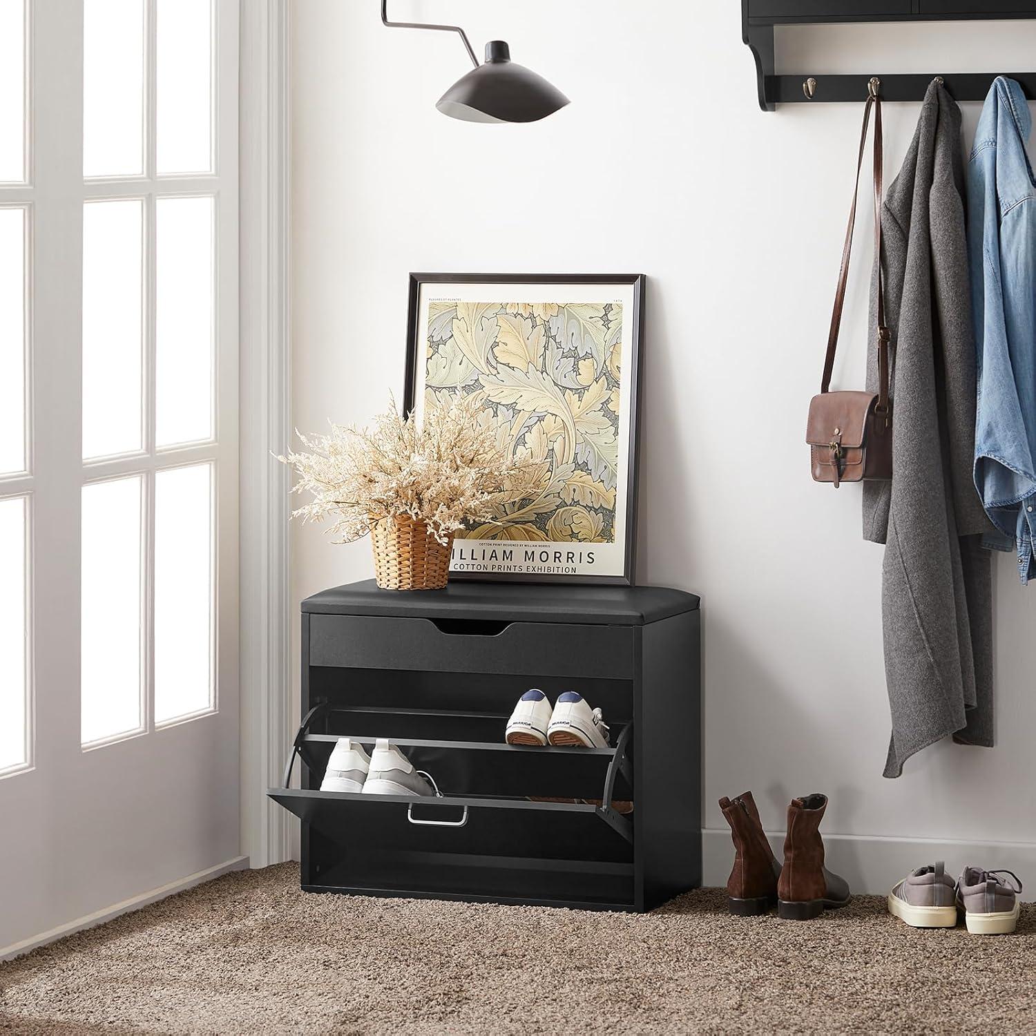 SoBuy Small Shoe Bench, Narrow Shoe Cabinet with Folding Padded Seat, Small Space Shoe Rack, White, FSR95-W