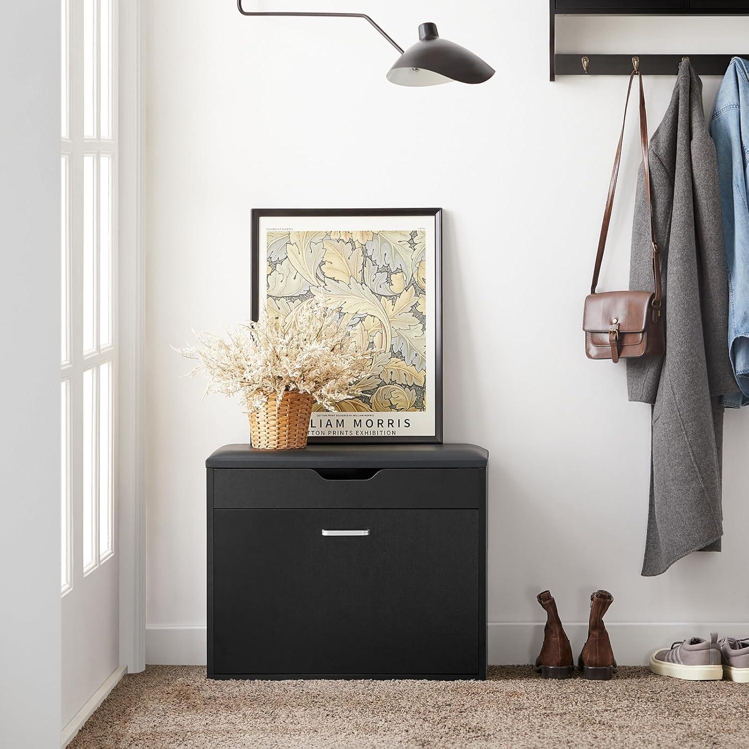 SoBuy Small Shoe Bench, Narrow Shoe Cabinet with Folding Padded Seat, Small Space Shoe Rack, White, FSR95-W