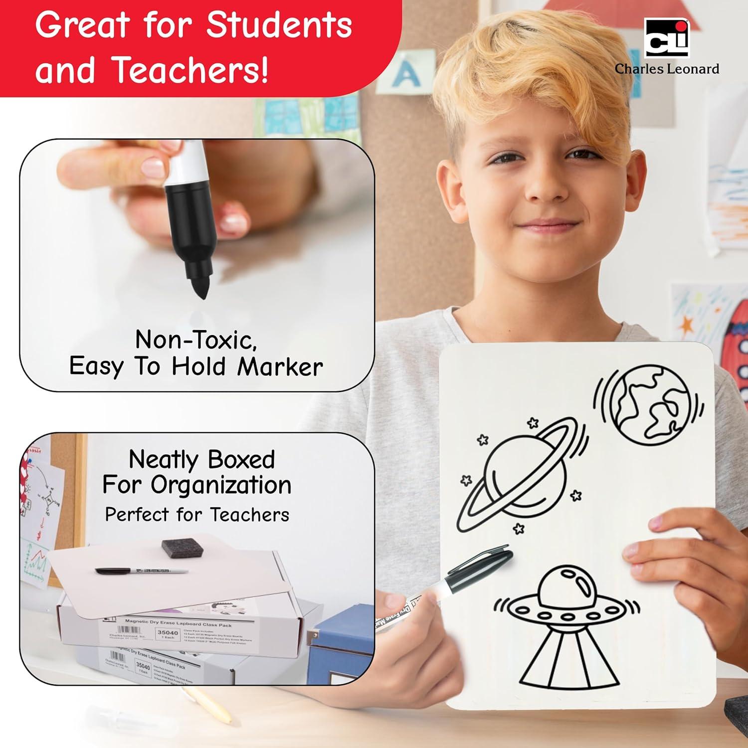 Charles Leonard Dry Erase Lapboard Class Pack, Plain 1-Sided Boards, Markers & Erasers, Pack of 12