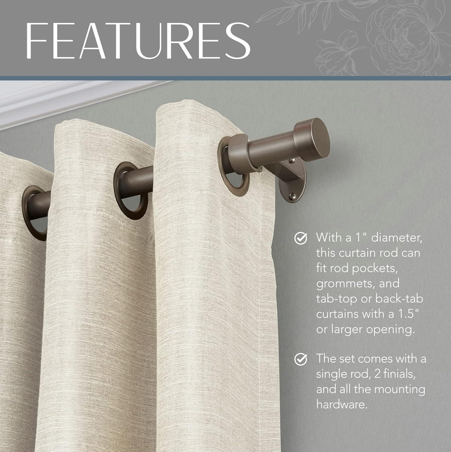 Serena 1" Window Drapery Single Curtain Rod with Contemporary Cap Finial - 120" - Nickel - Elrene Home Fashions