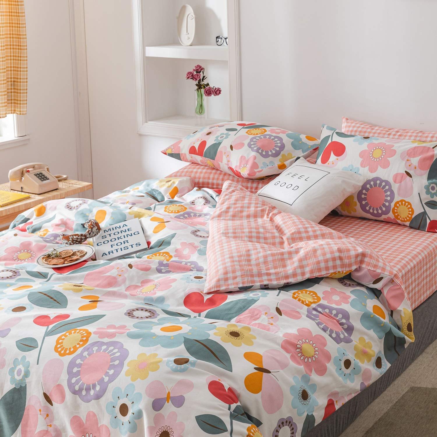 100% Cotton 3 Piece Floral Duvet Cover Set - Fresh Garden Style Flowers, Zipper Closure, Queen Size