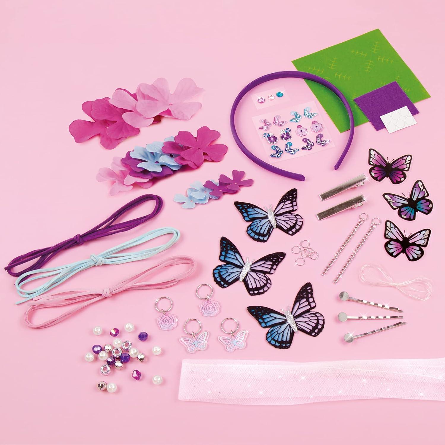 Make It Real: Crown Of Enchantment - DIY Jewelry Kit, Create Up To 12 Eye-Catching Charm Hair Accessories, Butterflies, Pink Purple Blue, 73 Pieces, All-In- 1 DIY KIT, Tweens & Girls, Kids Ages 8+