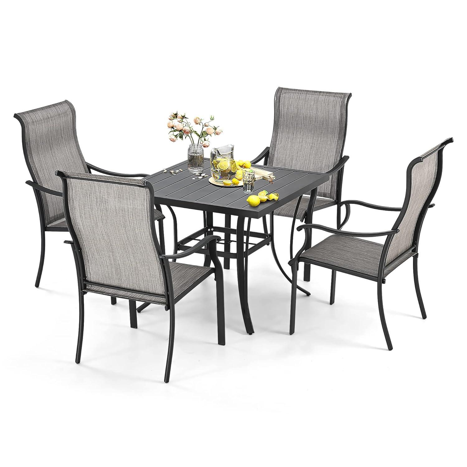 5 -Piece Gray Patio Dining Set Iron Square Table with 4 Gray Stationary Chairs
