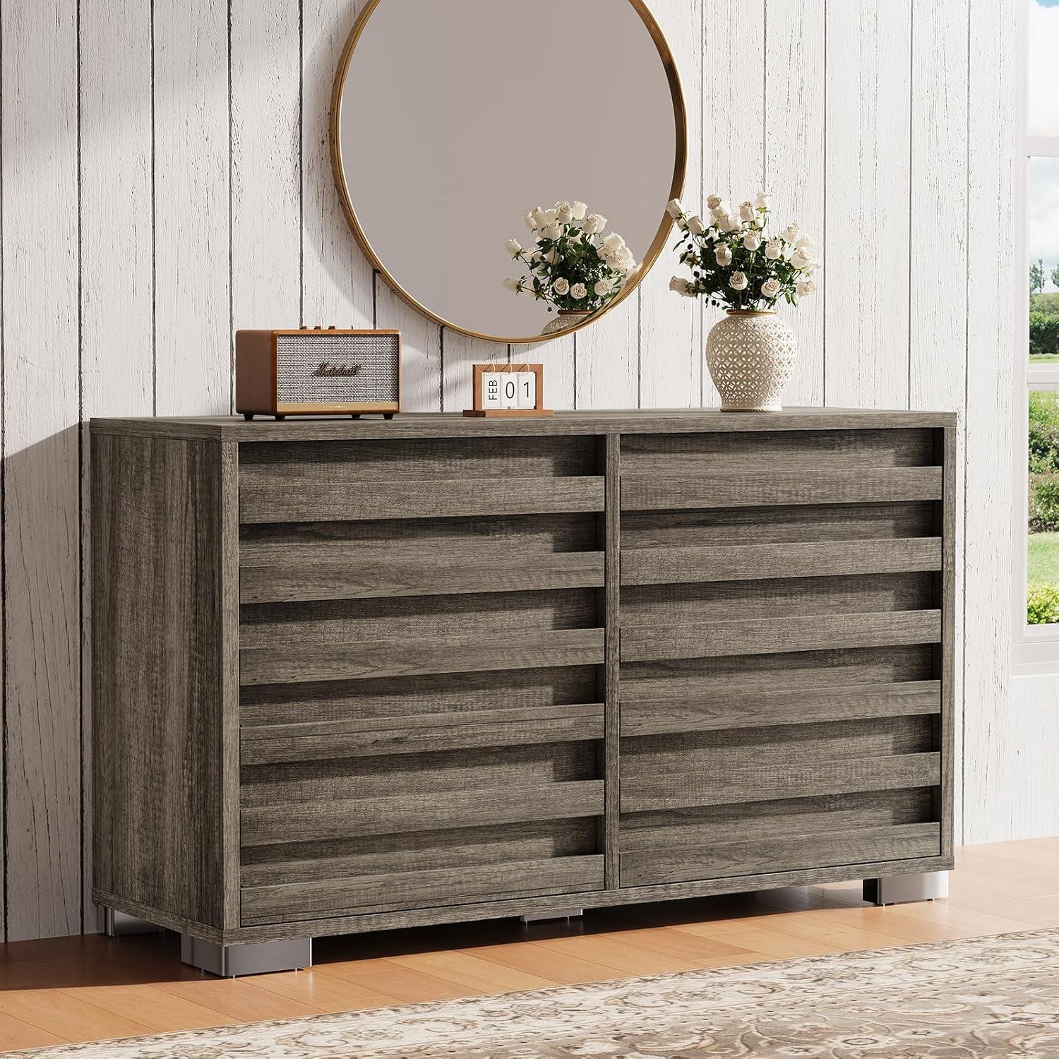 Rustic Gray Farmhouse Double Dresser with Slat Handles