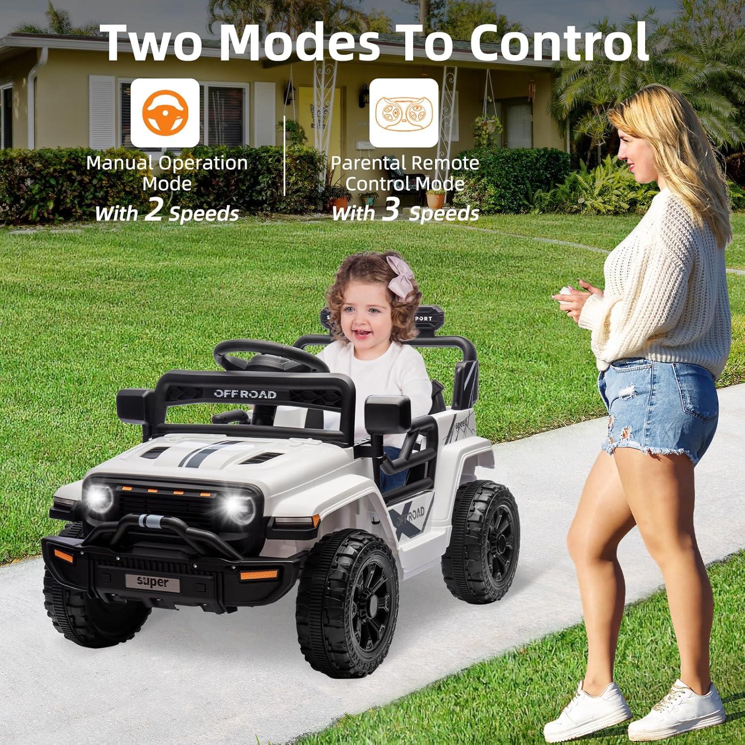 Ride On Truck for Kids, 12V Battery Powered Toy Car with Remote Control, Spring Suspension, LED Headlight and Music, Dual 25W Toddler Electric Vehicles for Girls Boys 3-5