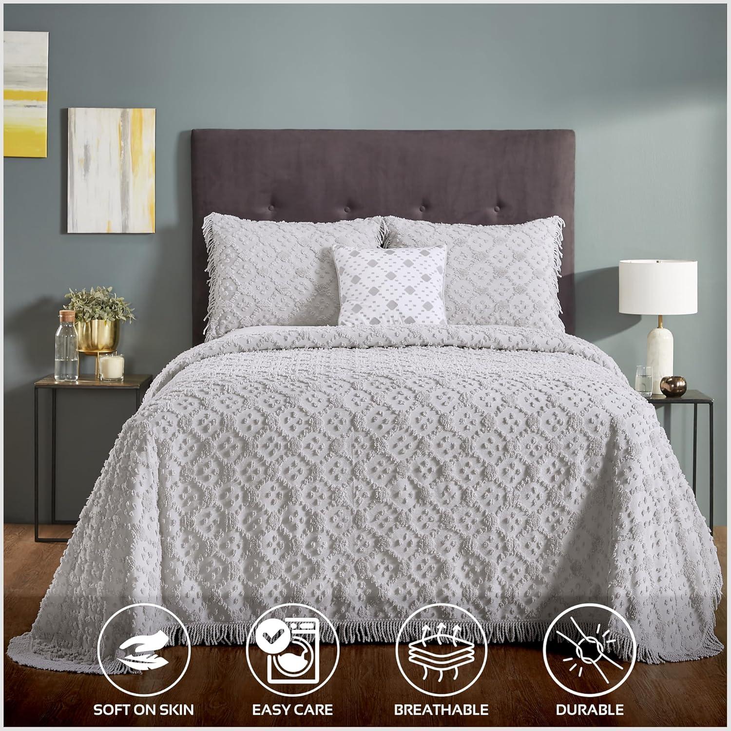 Better Trends Charleston Collection 100% Cotton Bedding sets, Machine Washable Soft and Breathable 4-piece Chenille Bedspread & Sham with Geometric Embroidery, All season