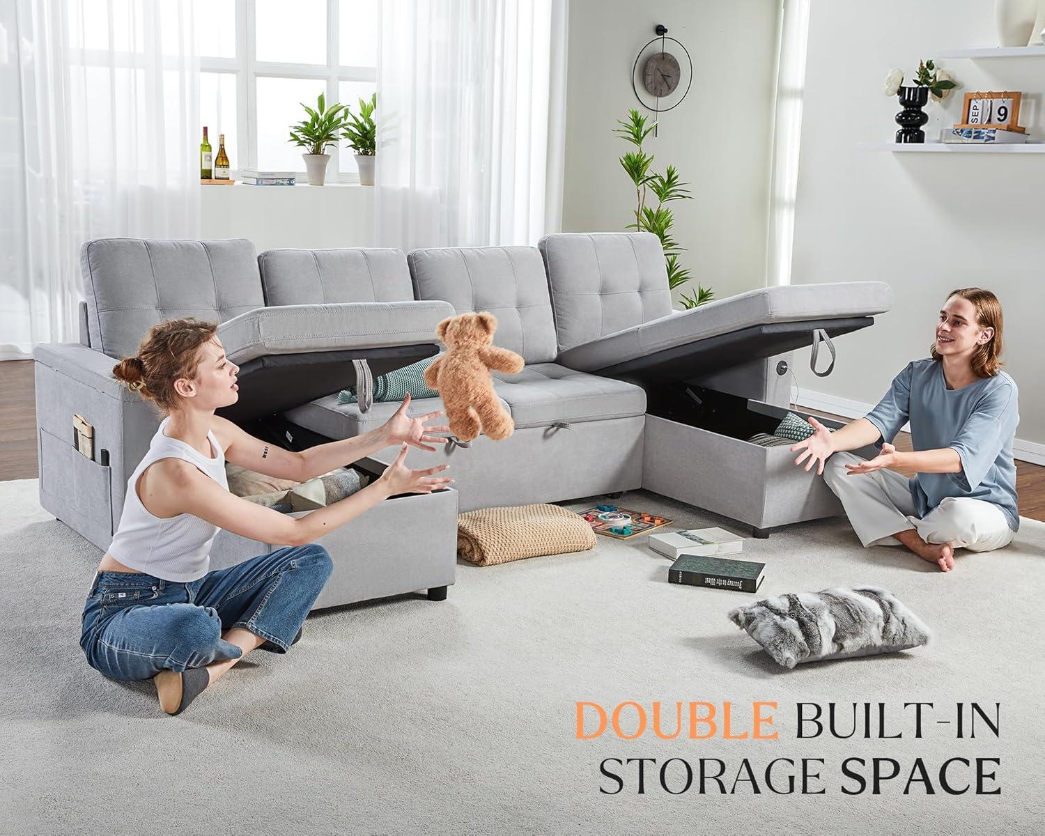 Light Grey Tufted Sleeper Sofa with Storage and Cup Holder