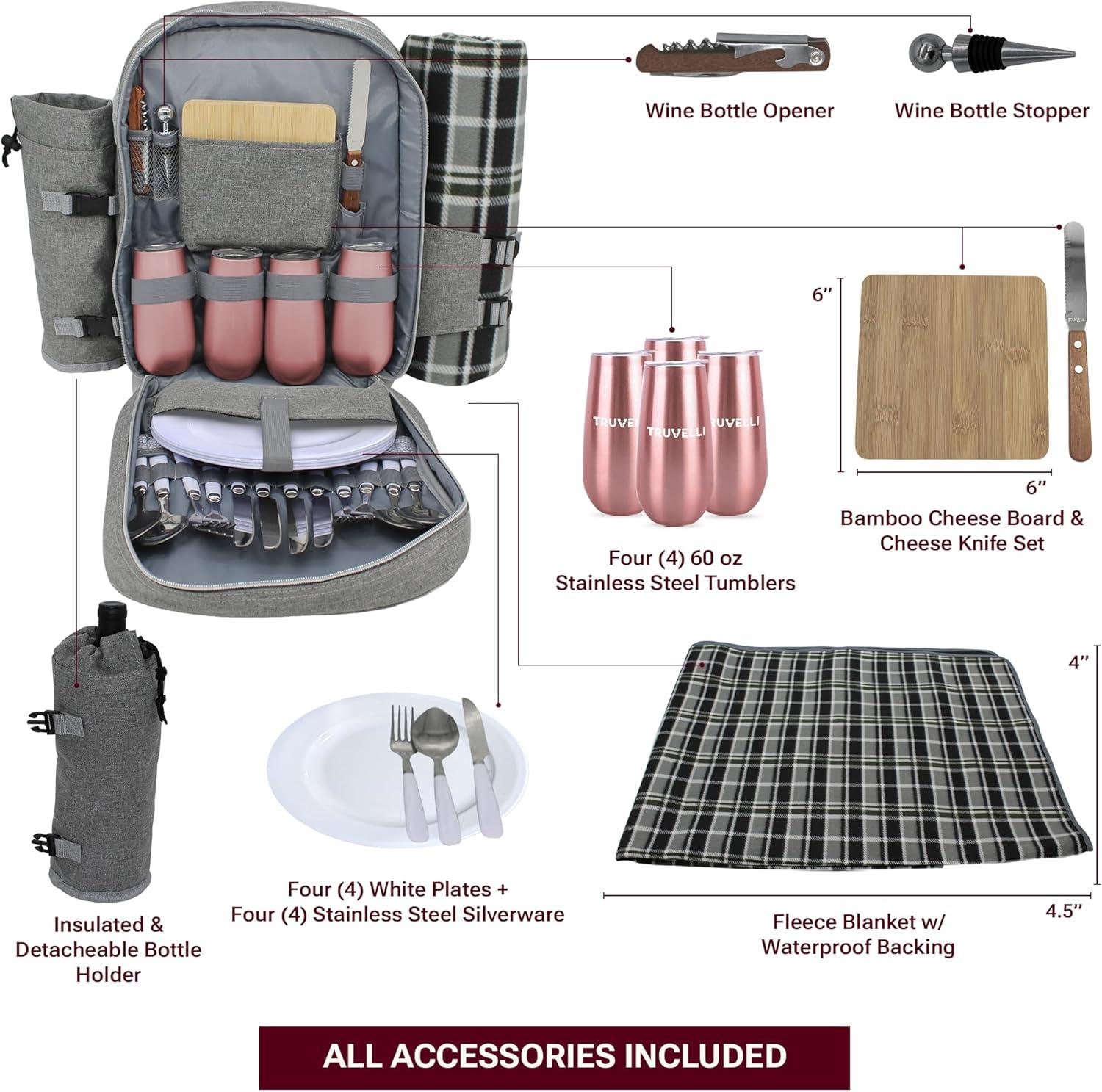 Picnic Backpack For Adventures, 12-In-1 Insulated Picnic Backpack For 4, Great Alternative To A Bulky Picnic Basket Set, Romantic Picnic Set For 4, Picnic Basket For 4, Picnic Bag