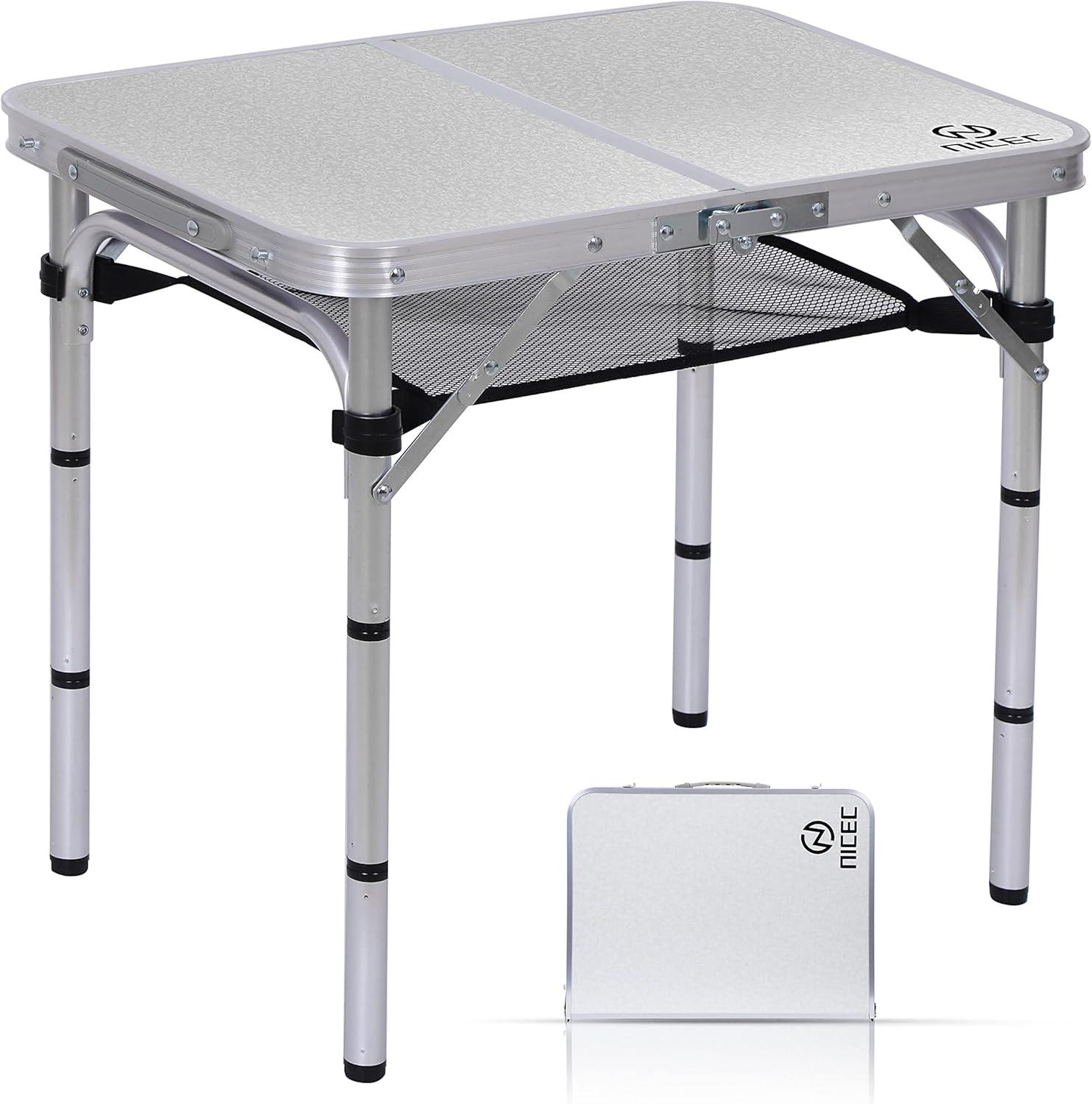 Small Adjustable Height Aluminum Folding Table with Mesh Storage