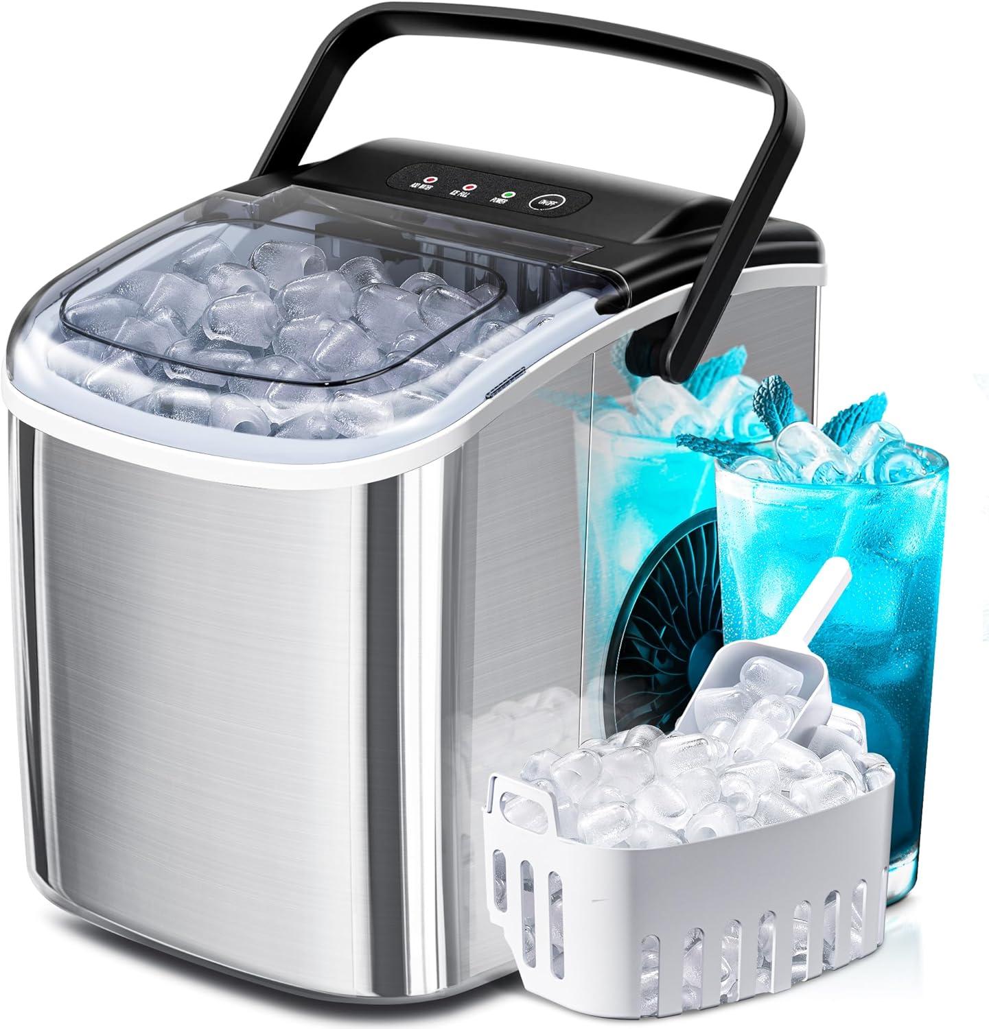 Compact White Stainless Steel Portable Countertop Ice Maker