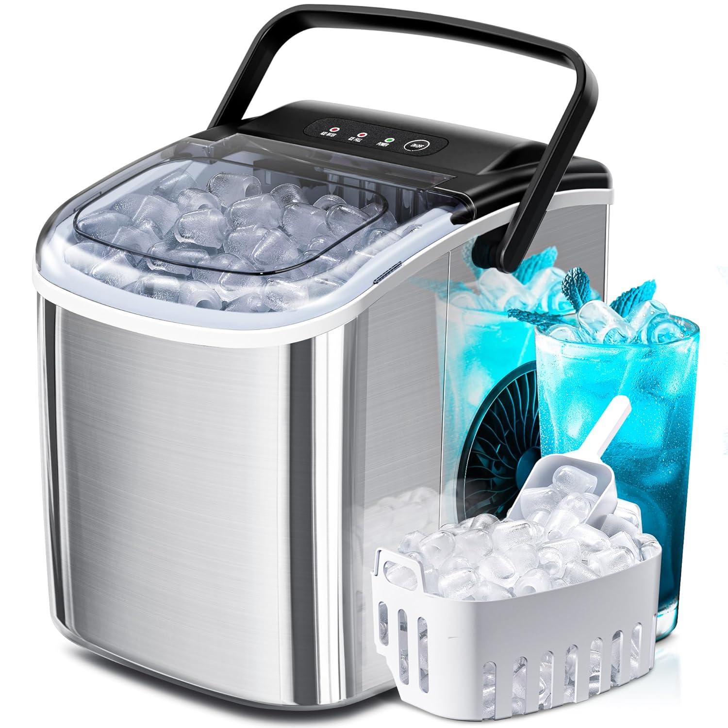 Compact White Stainless Steel Portable Countertop Ice Maker