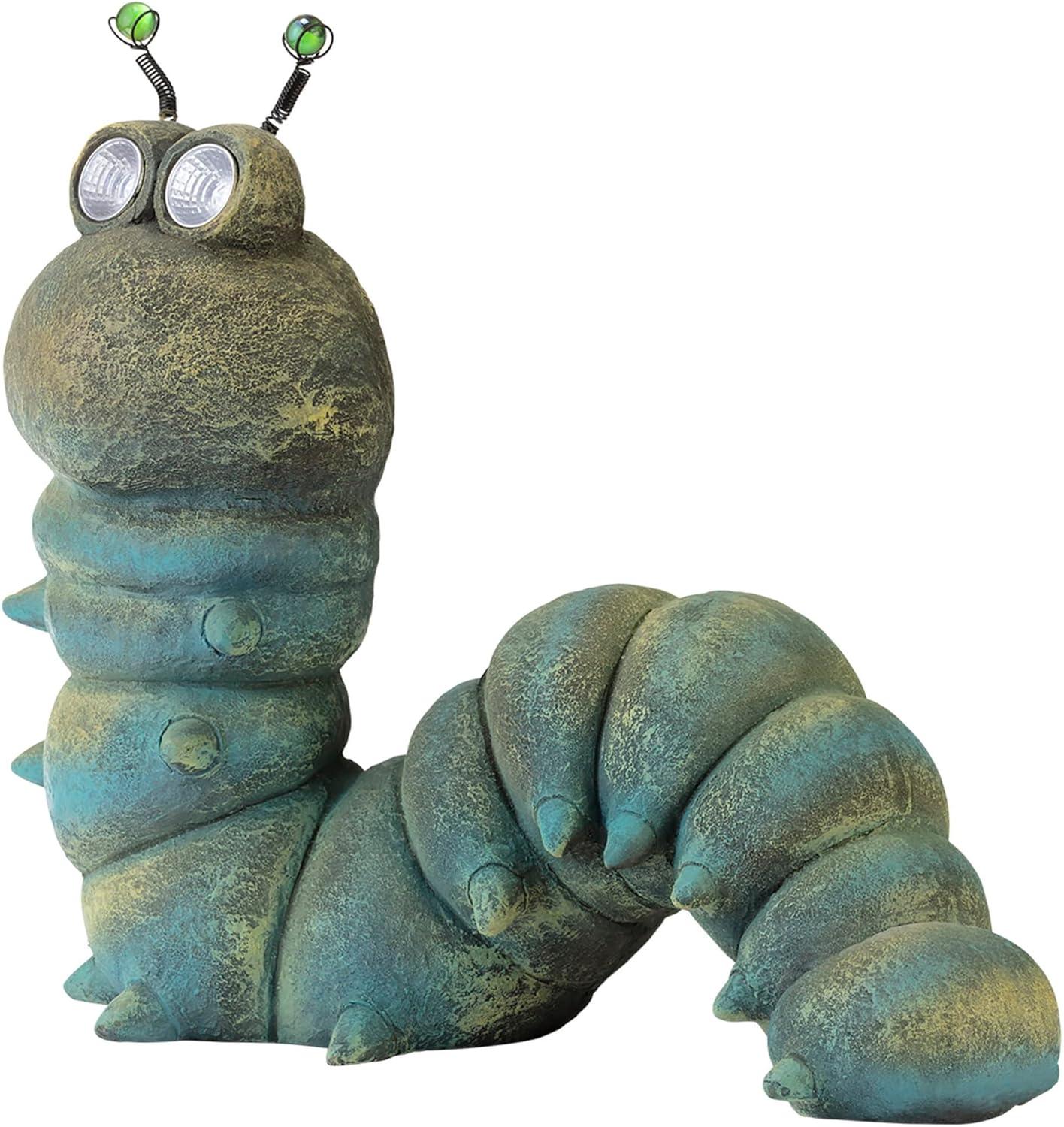 16-inch Green Solar-Powered Caterpillar Garden Statue with LED Eyes