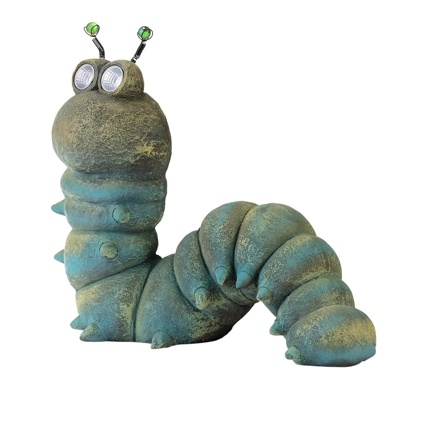 16-inch Green Solar-Powered Caterpillar Garden Statue with LED Eyes