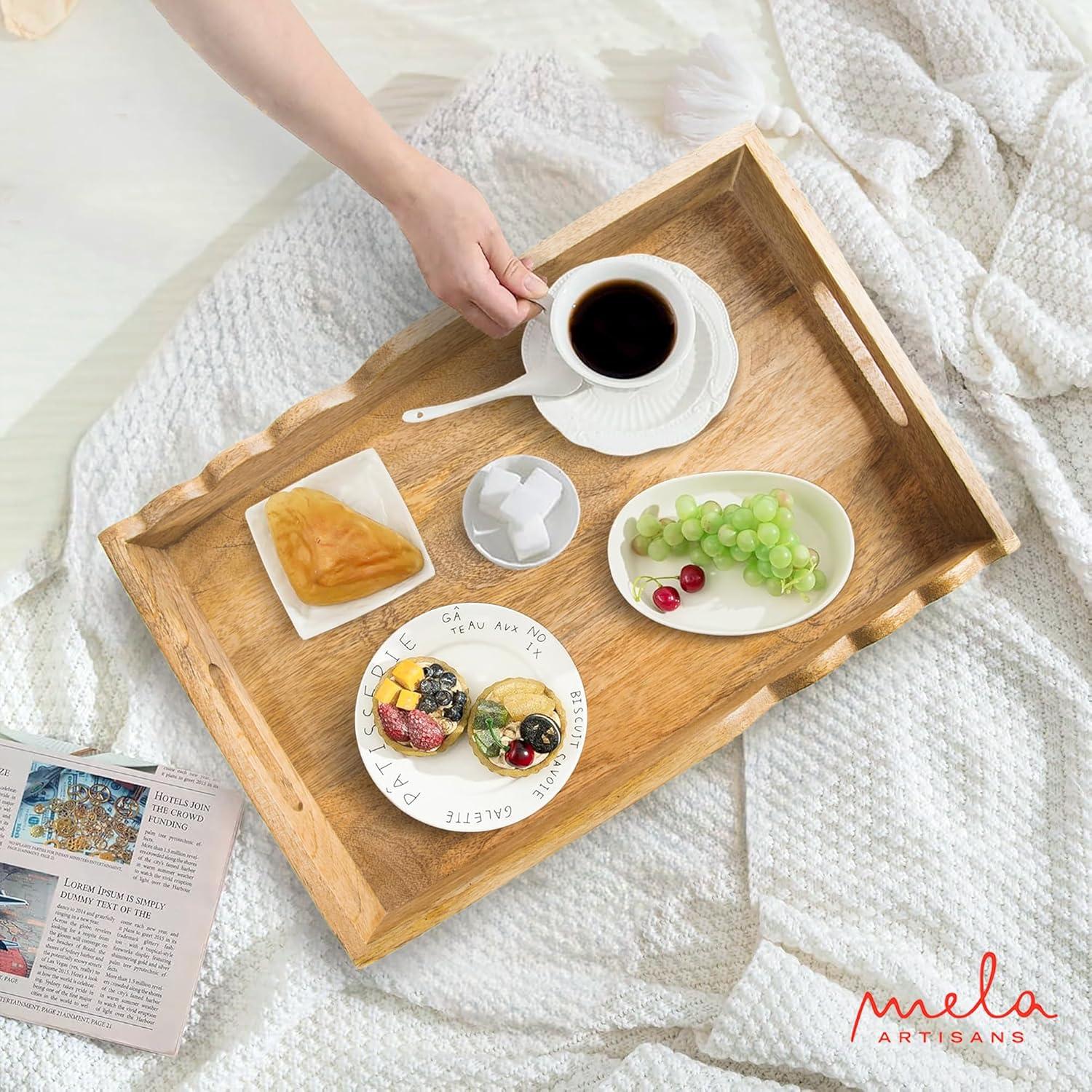 Mela Artisans Serving Tray with Elegant Scalloped Edges, Natural | 15" x 10" x 1.75" | Handcrafted Mango Wood Tray, Perfect for Breakfast, Tea/Coffee Serving, Home Décor, or Organizing