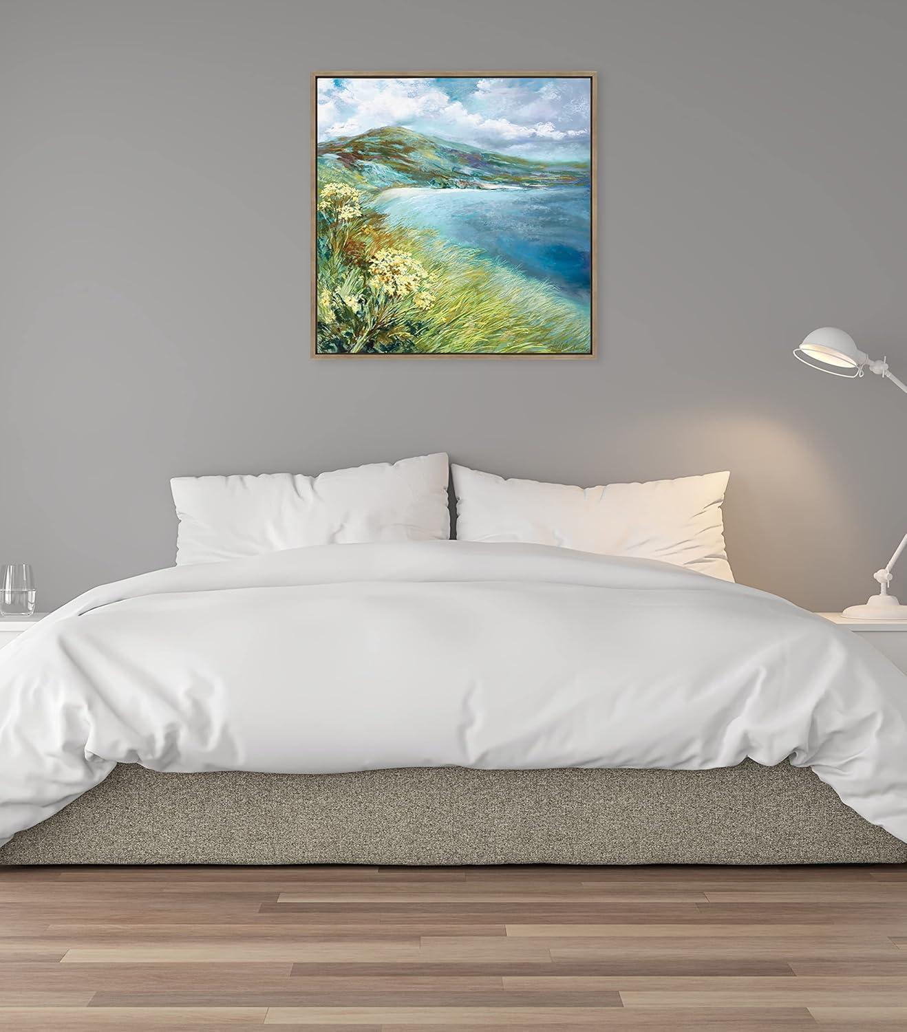 Kate and Laurel Sylvie Emerald Isle Ring of Kerry Framed Canvas Wall Art by Nel Whatmore, 30x30 Gold, Beach Mountain Landscape Art for Wall Home Decor