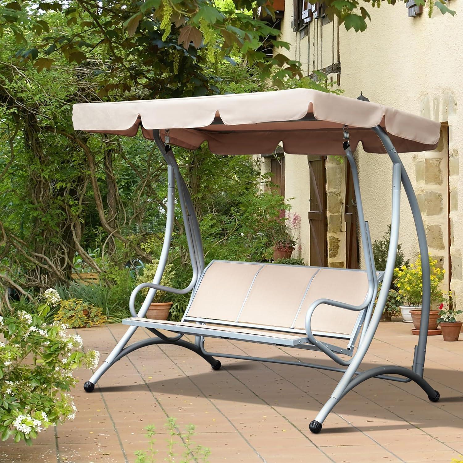 Outsunny 3 Person Patio Swing Seats, Porch Swing with Stand & Adjustable Canopy, Heavy Duty Outdoor Swing Chair Bench for Adults, Beige