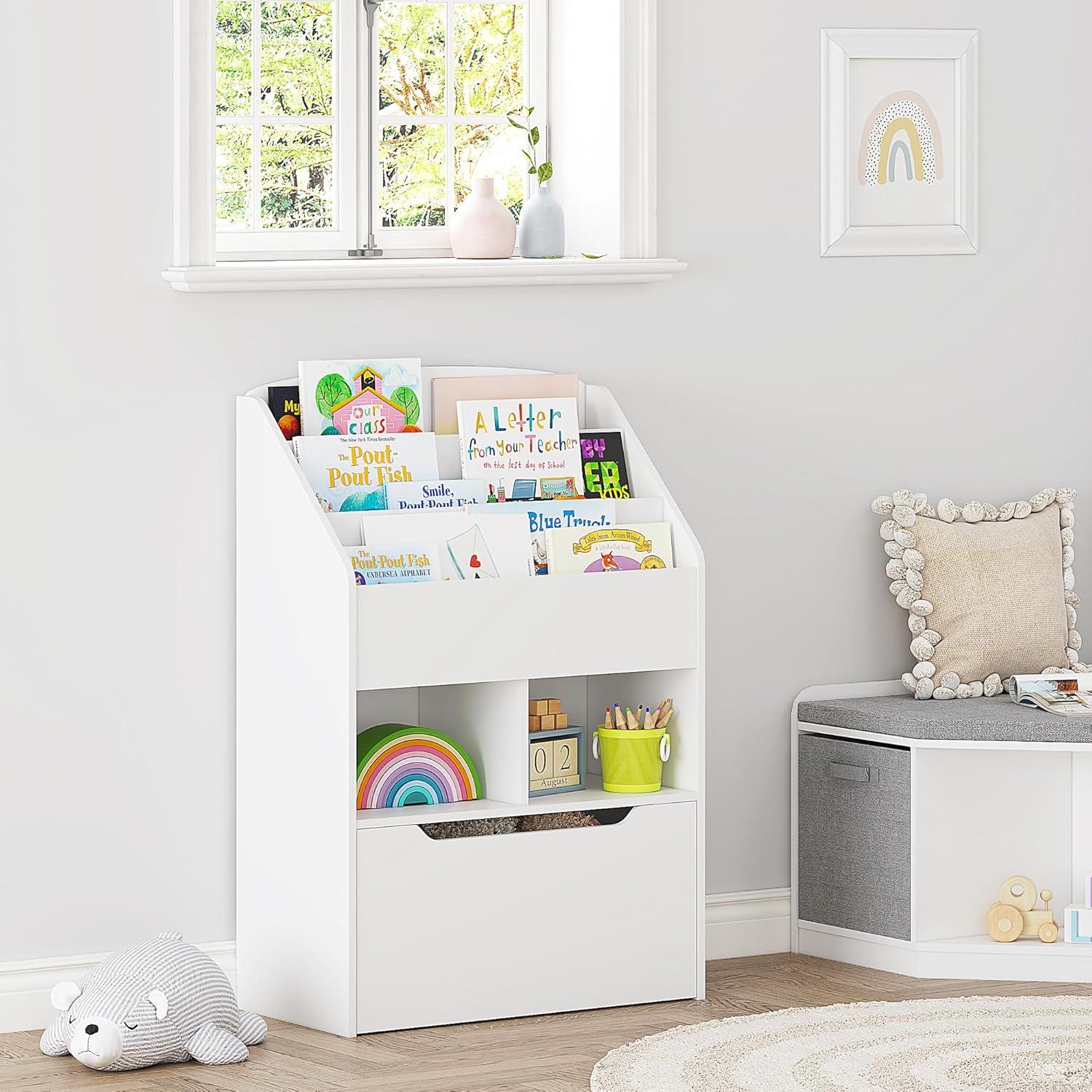 UTEX Kids Bookshelf and Toy Storage Organizer Kids Book Organizer Bookcase Storage for Kids with Rolling Toy Box White