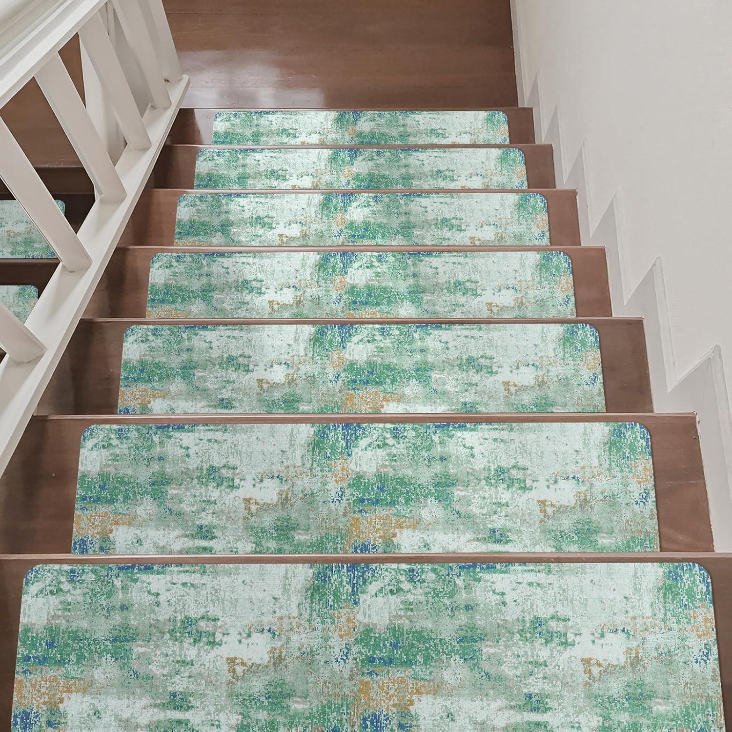 Green and White Non-Slip Rubber Stair Treads Set