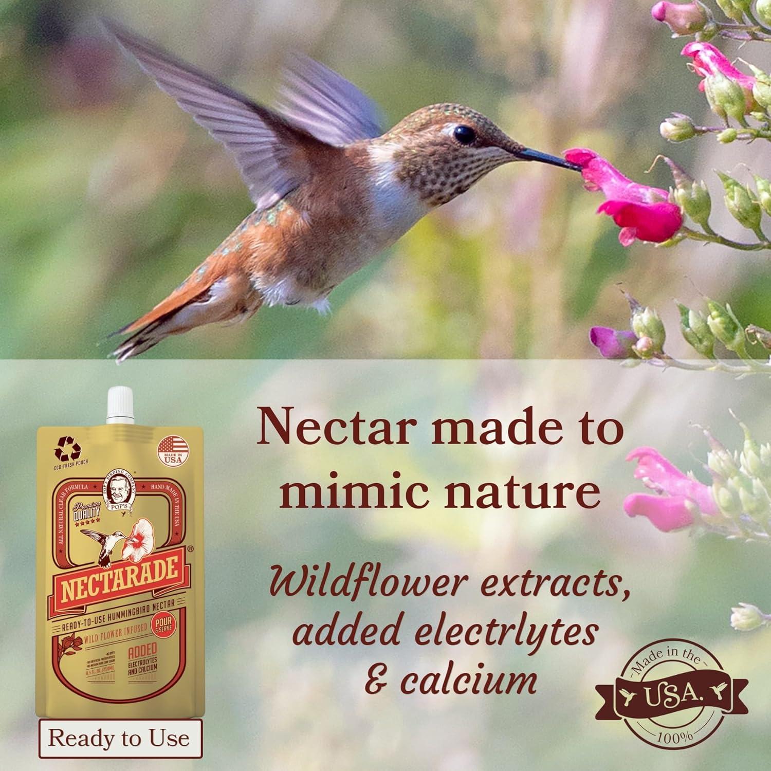 POP’S Nectarade Hummingbird Nectar Concentrate - Delicious & Sweet Hummingbird Food Made in The USA - Natural Ingredients & Dye Free(Ready to Use, All Natural Clear Formula, 8.5 oz)