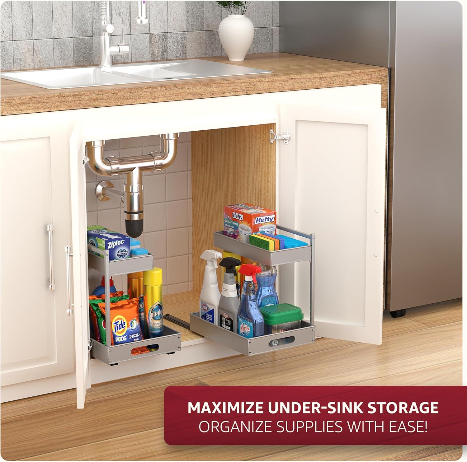 Sorbus Sorbus Under Sink Organizer with Sliding Tracks and Adhesive Tape - 2-Tier Pull-Out Storage Rack for Kitchen and Bathroom - No Drill Under Sink Organization Storage Cabinet Shelf, Set of 2
