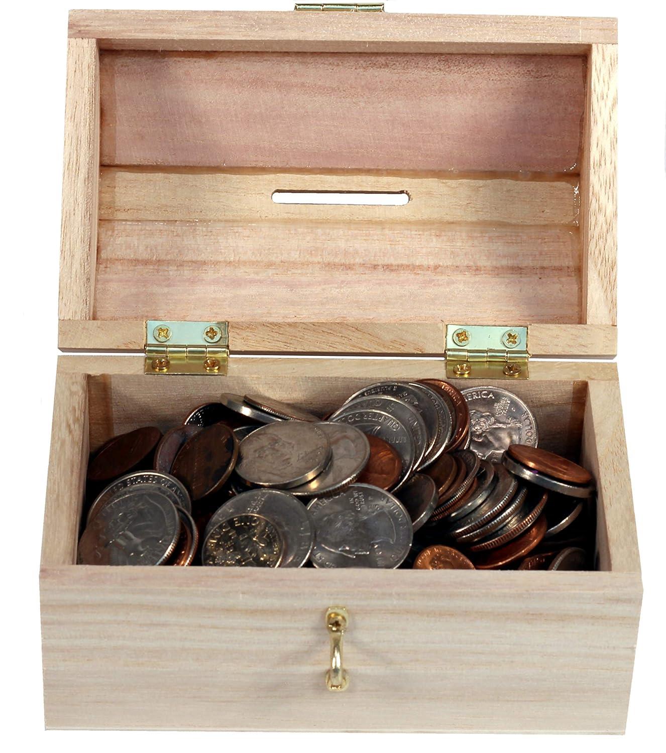 Pack of 6 Ready to Decorate Wood Treasure Chest Box Savings Bank with Coin Slot, Hinged Lid and Lockable Front Clasp, DIY Craft