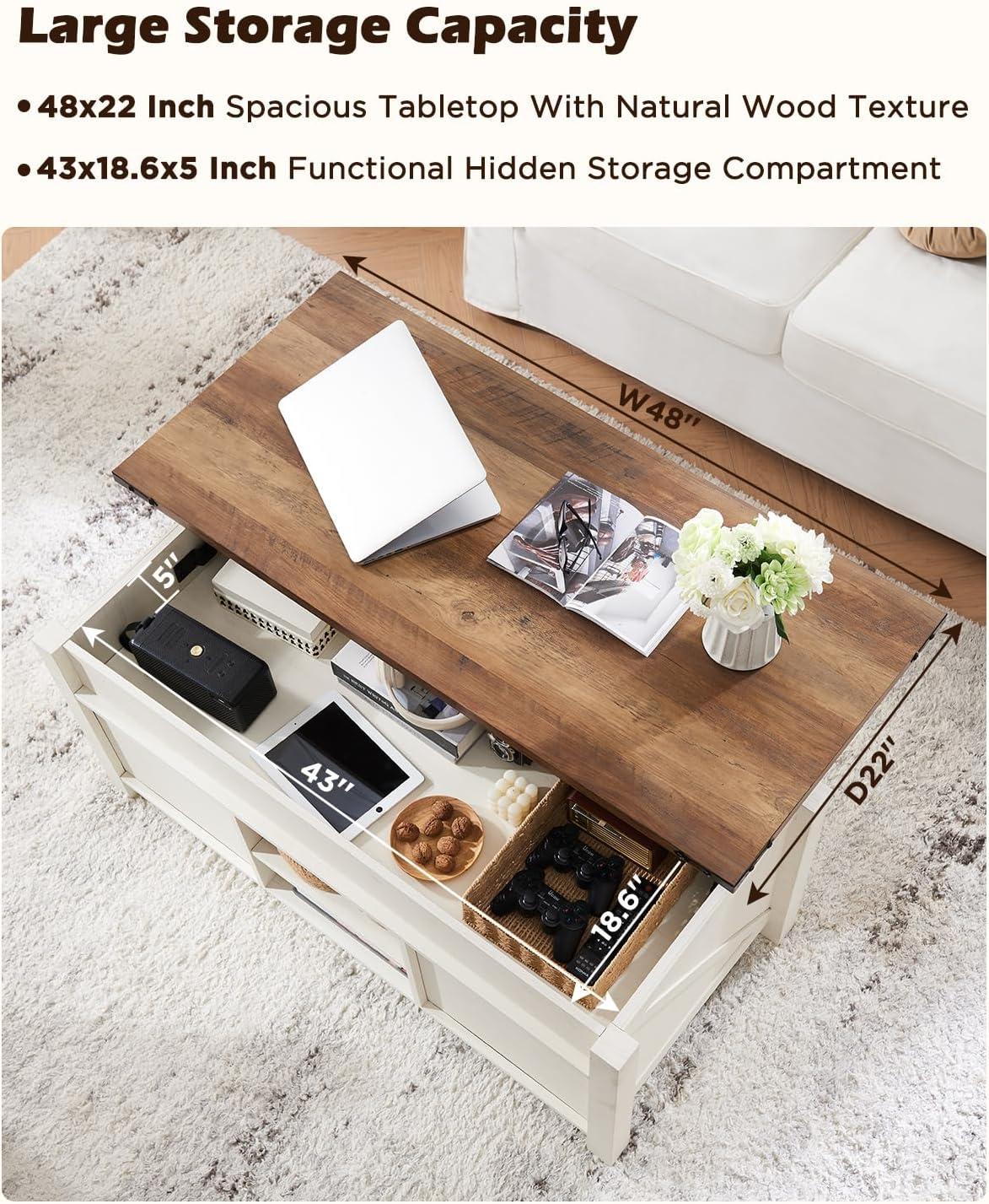 OKD 48" Farmhouse Lift Top Coffee Table with Sliding Barn Door & Adjustable Shelf, Antique White