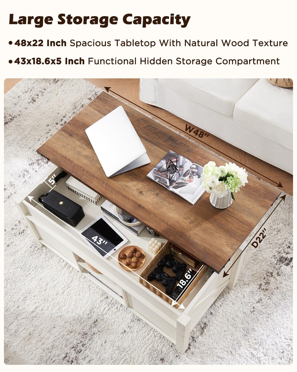 OKD Farmhouse Sturdy Coffee Table with Sliding Barn Doors and Storage Shelves for Living Room, Den, Family Room, or Office, Reclaimed Barnwood