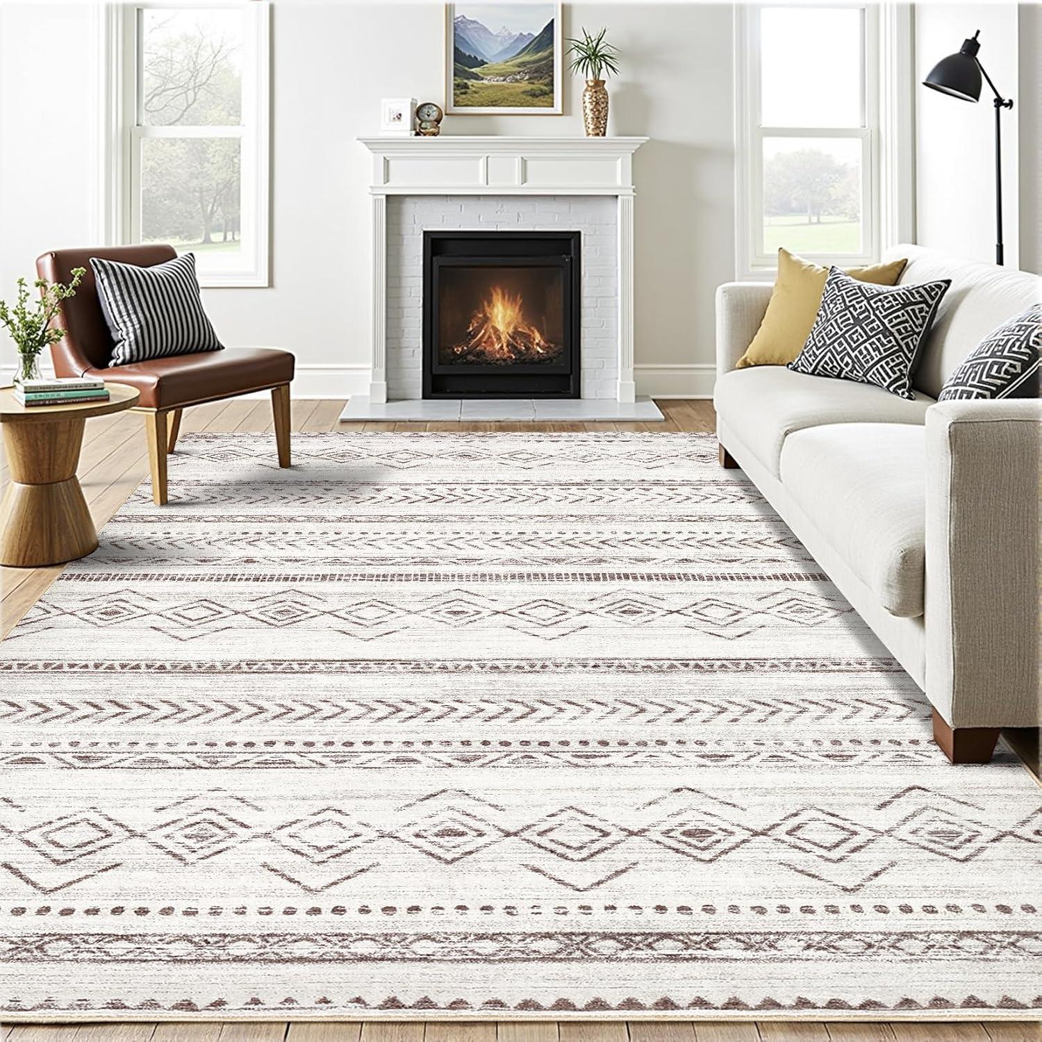 Large Living Room Area Rug 5x7: Soft Machine Washable Boho Moroccan Farmhouse Rugs for Bedroom Under Dining Table - Non-Slip Neutral Morden Indoor Floor Carpet for Home Office - Brown/Cream