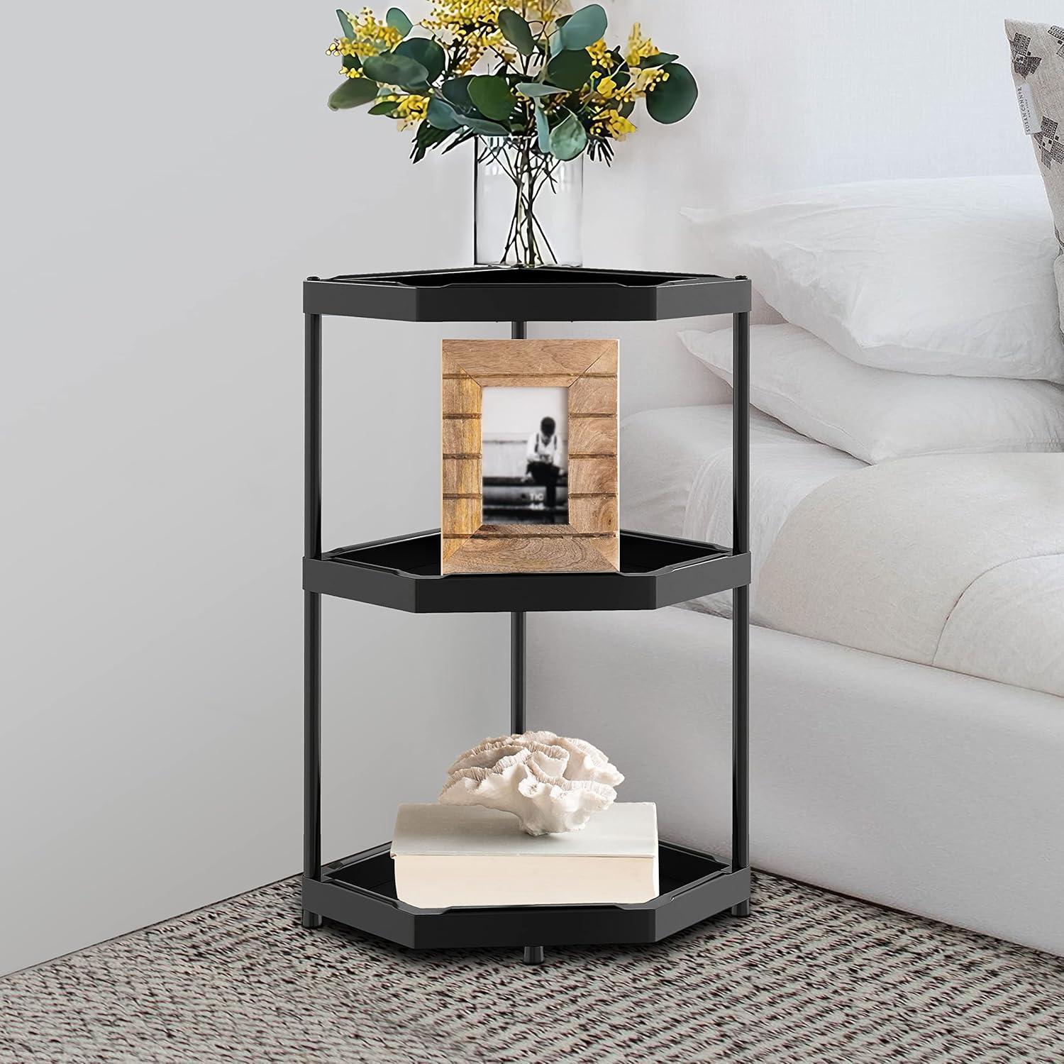 Black 3-Tier Corner Bookshelf with Carbon Steel and ABS