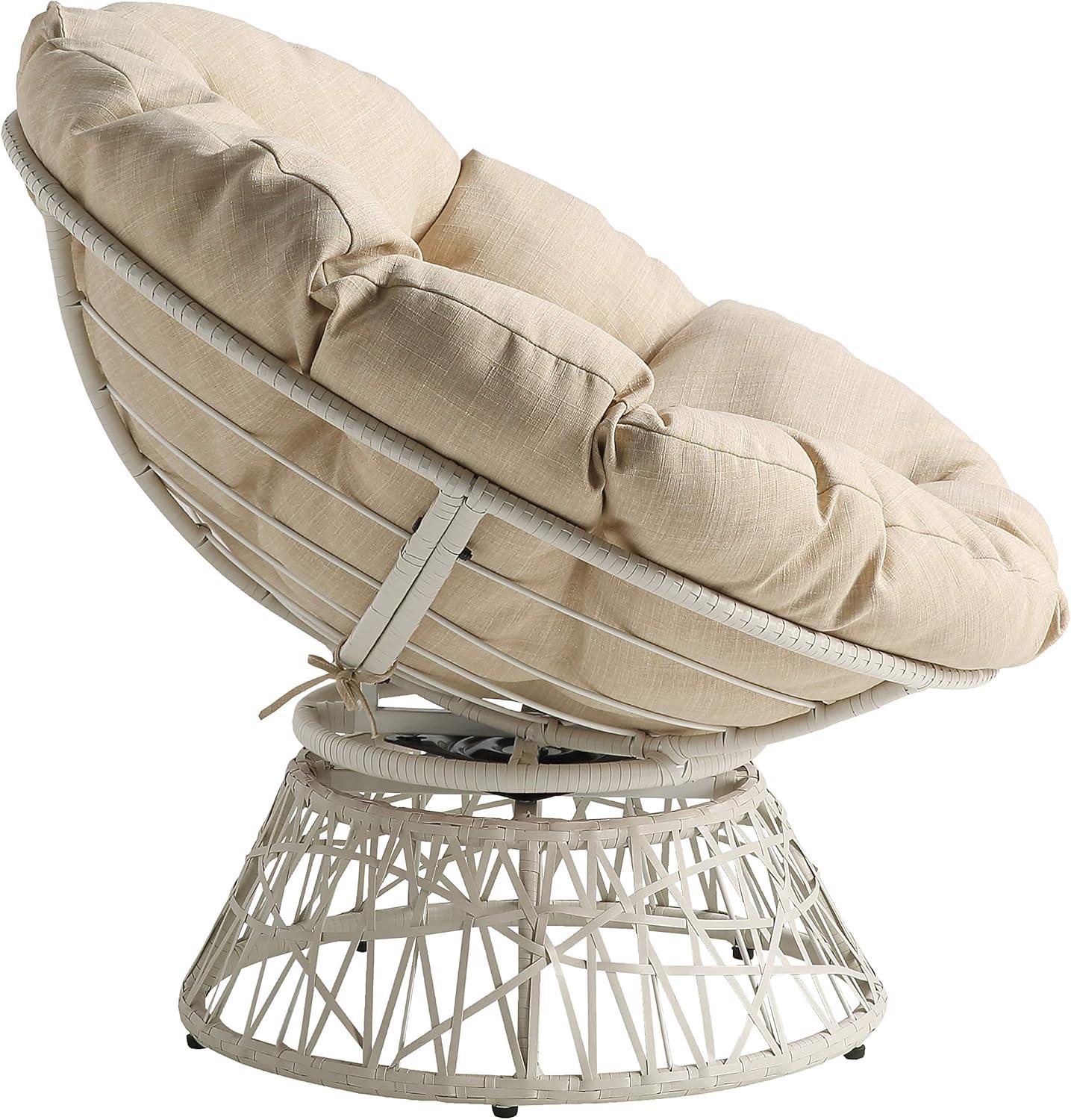 Papasan Chair with Cream Round Fabric Pillow Cushion and Cream Wicker Weave