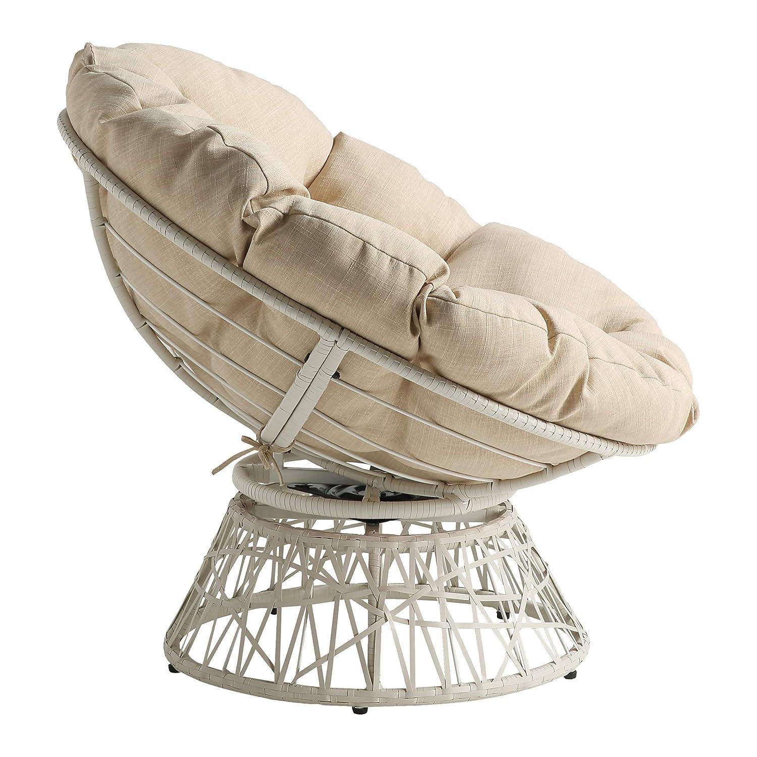 Papasan Chair with Cream Round Fabric Pillow Cushion and Cream Wicker Weave