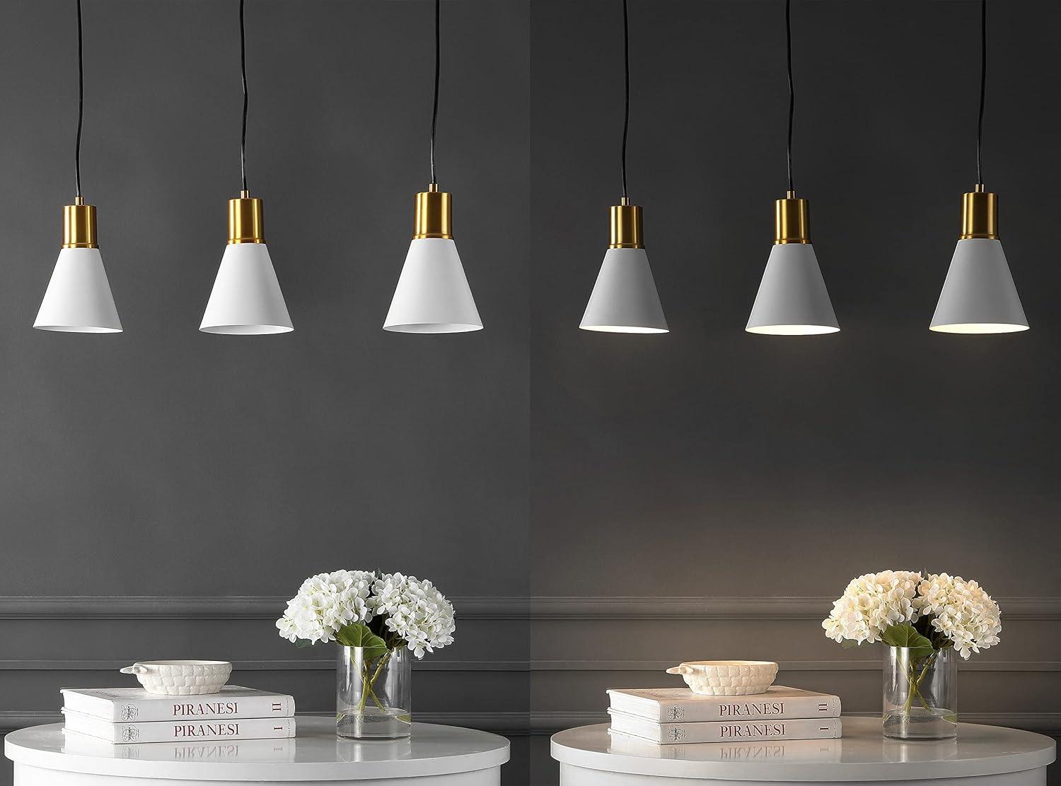 Apollo 33.5" 3-Light Mid-Century Modern Iron Adjustable Linear LED Pendant, White/Brass Gold