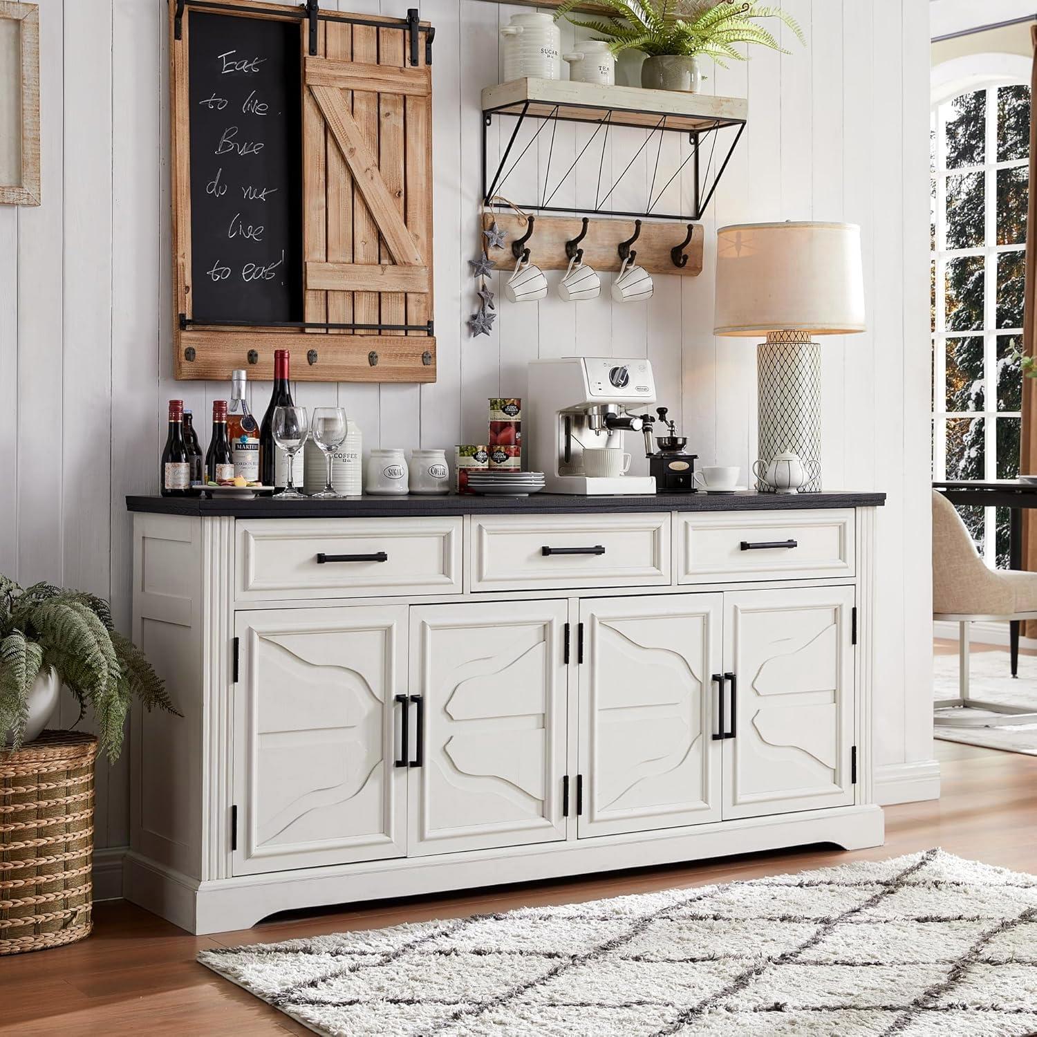 Off-White Farmhouse Buffet Sideboard with 4 Doors and 3 Drawers