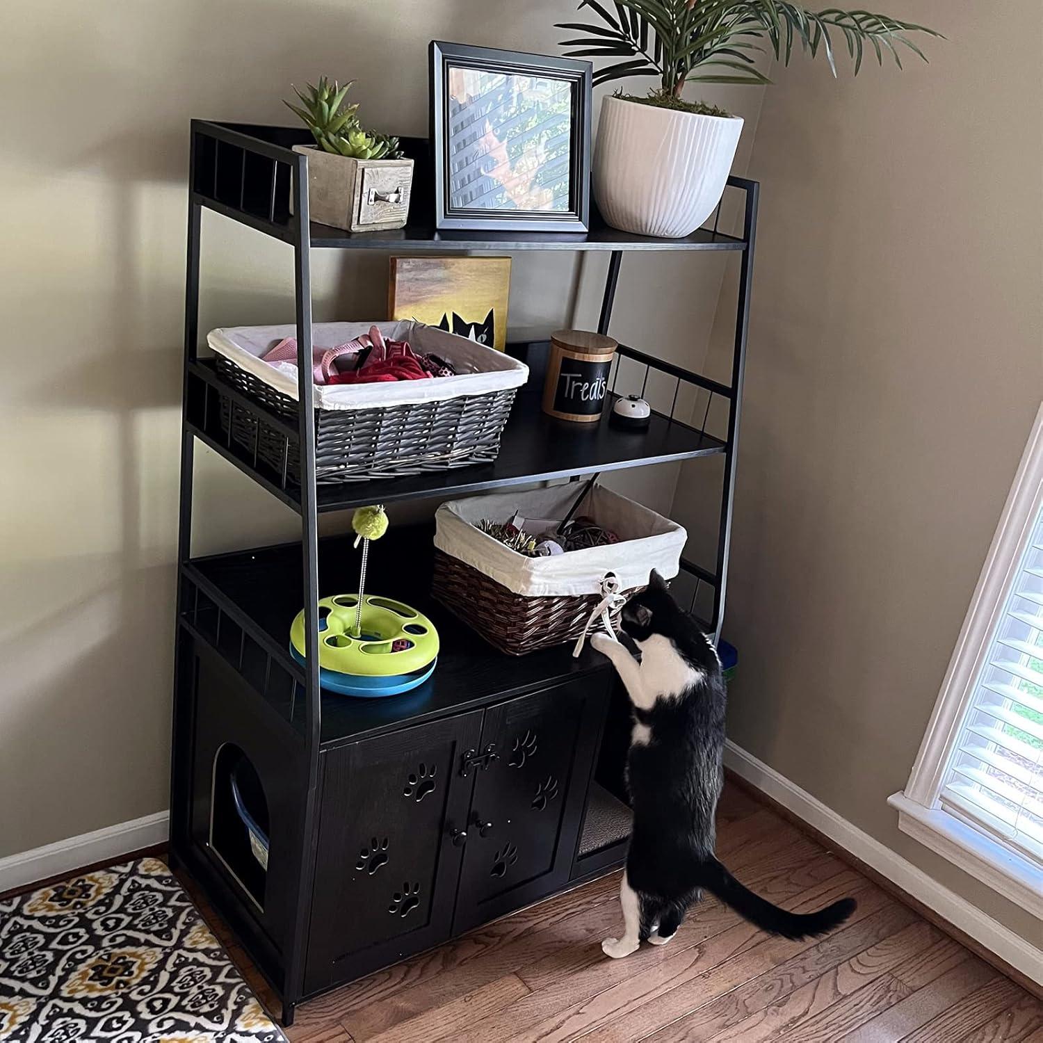 Recaceik Large Cat Litter Box Enclosure with Shelf Storage, Hidden Cat Washroom Furniture, Wooden Cat House with Scratch Pad, Sturdy Indoor Cat Cabinet with 2 Doors, Black