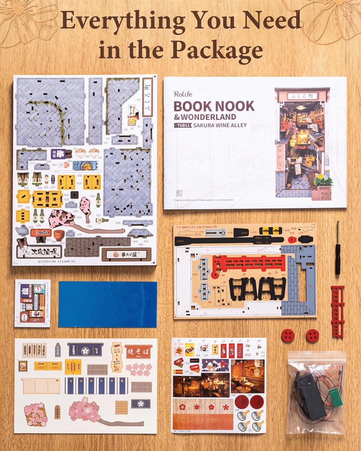 Rolife Book Nook 3D Jigsaw Puzzle Sakura Wine Alley Wooden Model Building Kit Decorative Bookend Stand DIY Bookshelf Insert Decor Gift for Teen Adults