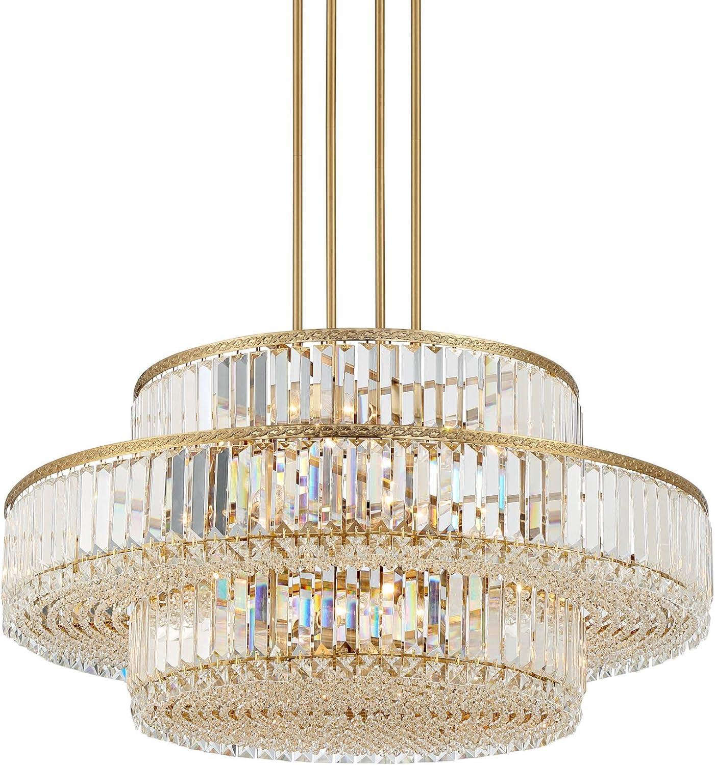 Stiffel Soft Gold Chandelier Lighting 32" Wide Modern 3-Tier Frame Clear Crystal 16-Light Fixture for Dining Room House Entryway