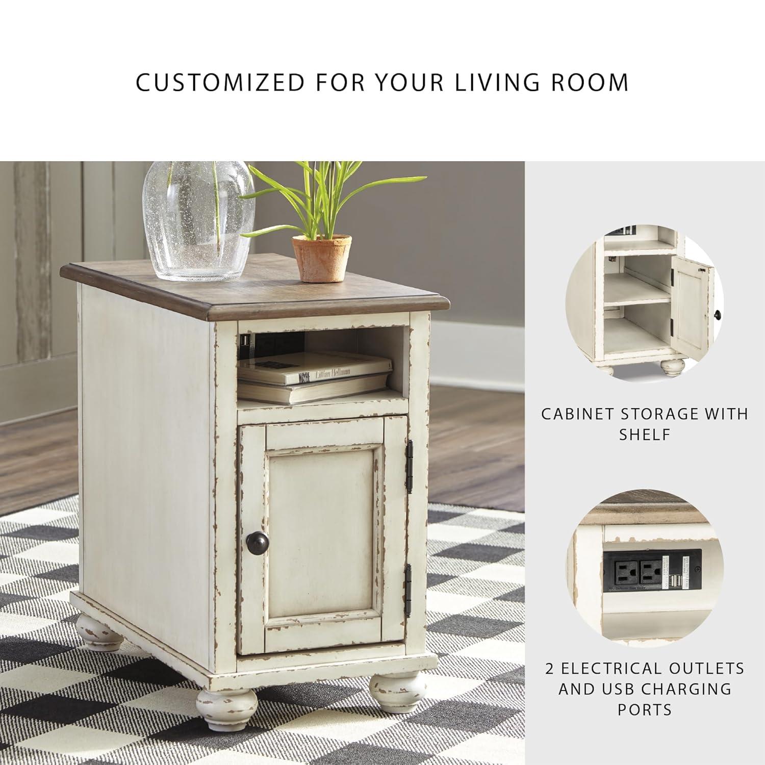 Realyn Chairside End Table White/Brown - Signature Design by Ashley: Cottage Style, Power Outlets, USB Ports