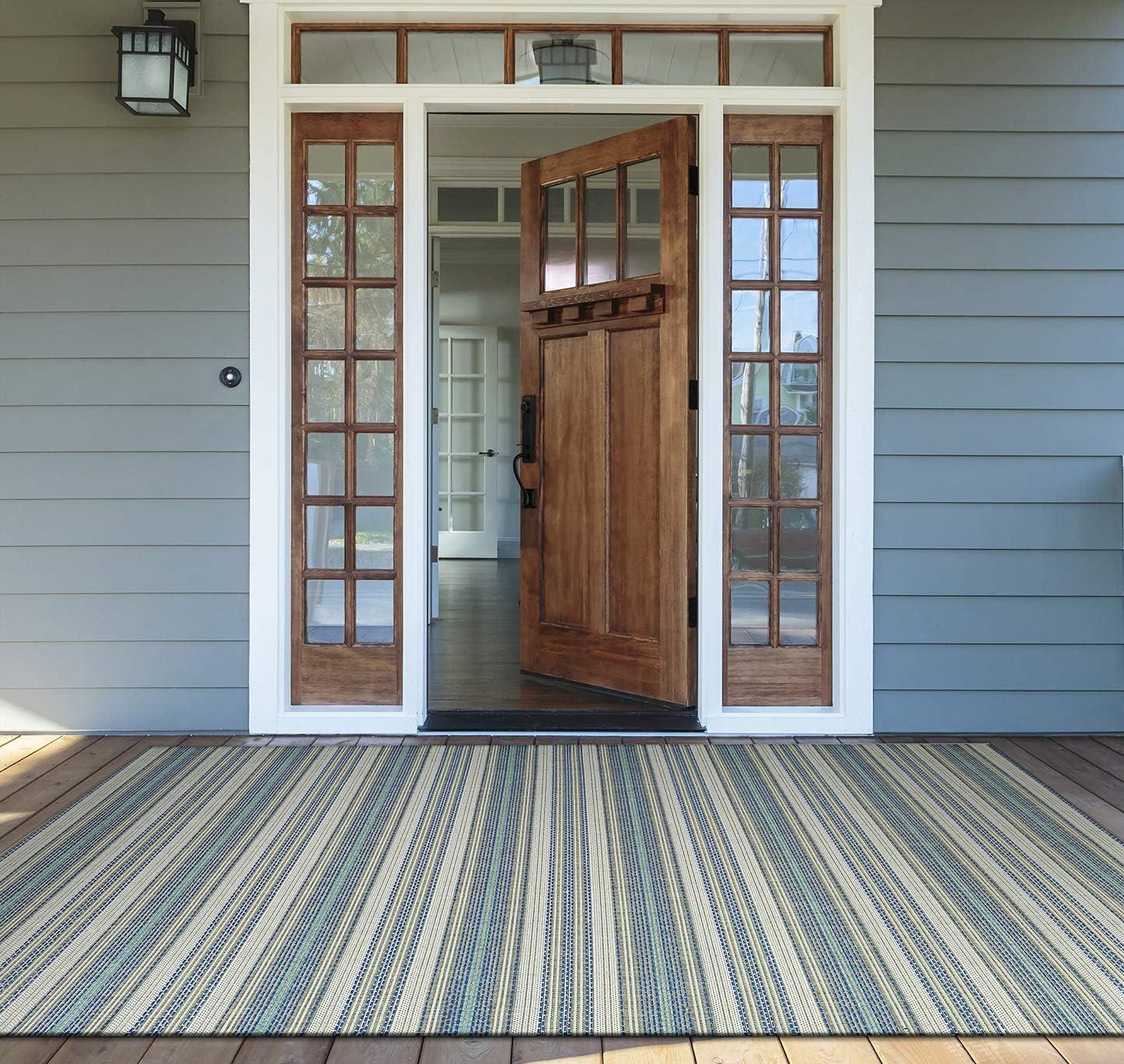 Ivory Sand Azure Blue 6' x 9' Flat Woven Stripe Rug