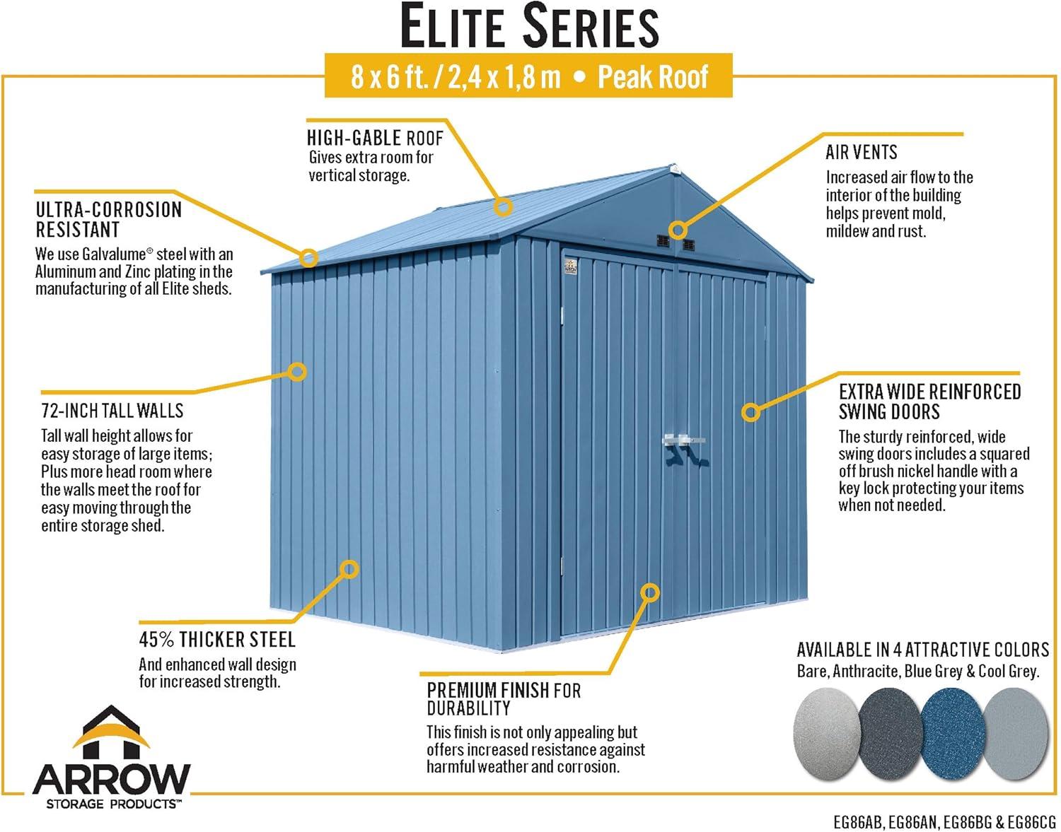 Elite 8' x 6' Gray Steel Storage Shed with Swing Doors