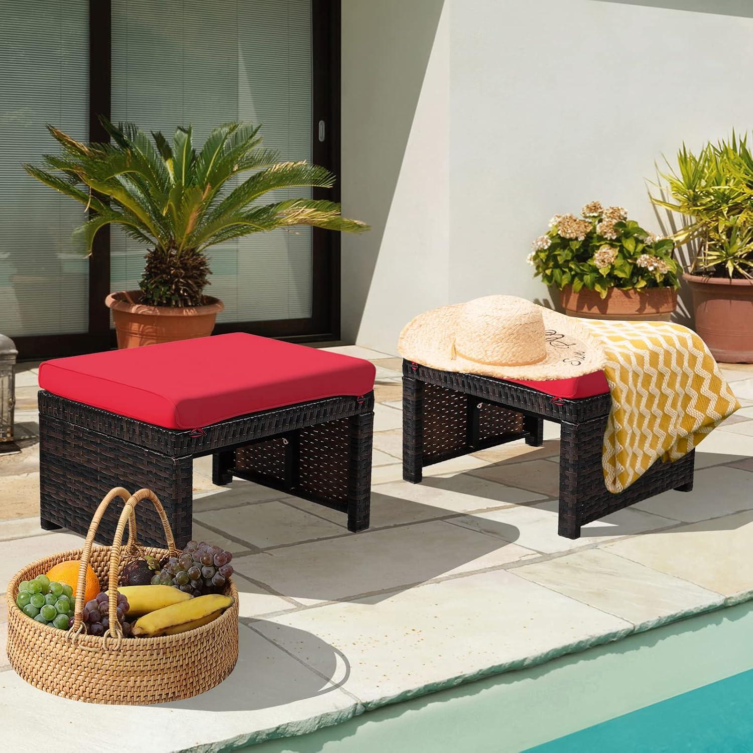 HAPPYGRILL 2 Piece Outdoor Wicker Ottomans, Patio Rattan Footstool with Cushions, Solid Steel Frame, Multifunctional Ottomans for Poolside Backyard Balcony