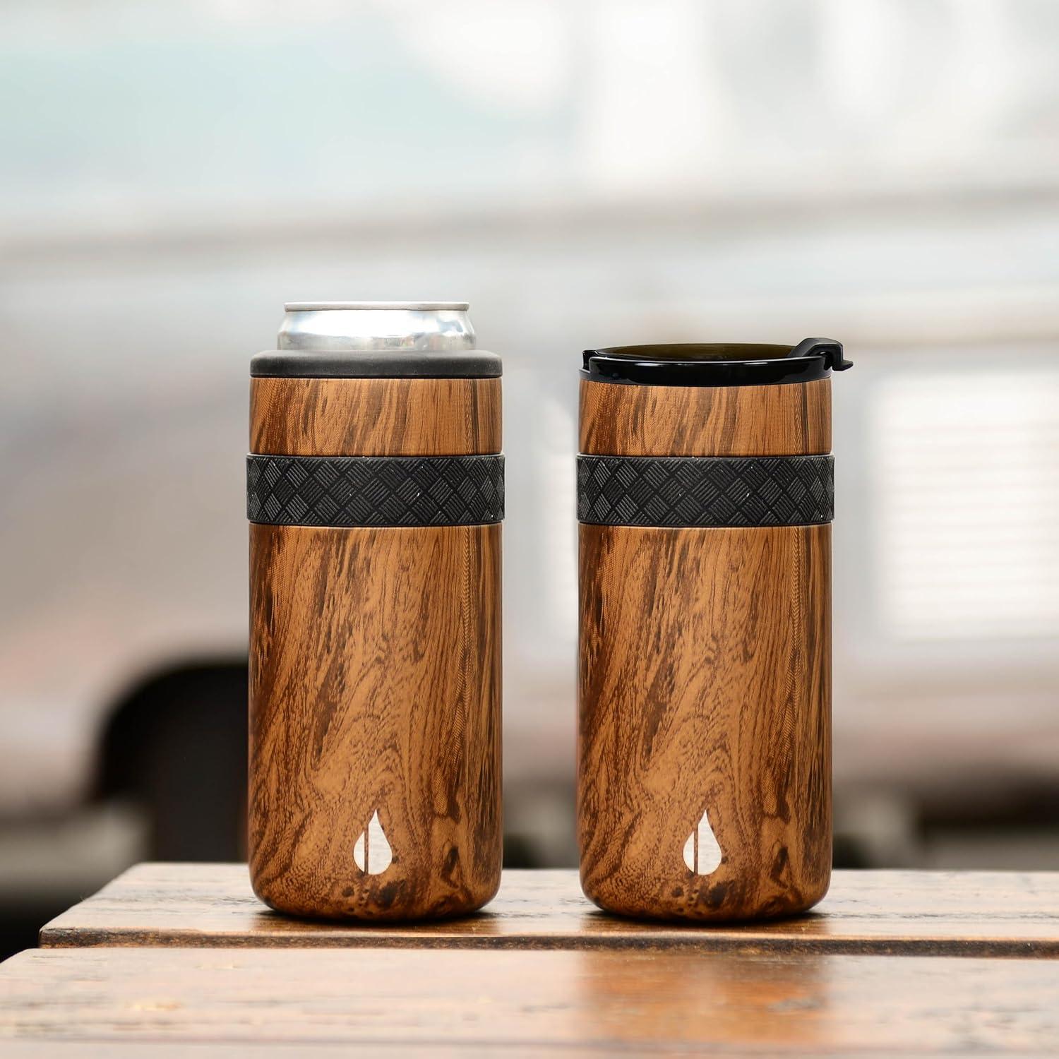 Elemental Duo-Sip 2 in 1 Travel Coffee Tumbler with 100% Leak Proof Lid & Slim Can Cooler Insulator for 12oz Slim Cans, Triple Walled Stainless Steel for Hard Seltzer & Hot/Cold Drinks - Teakwood