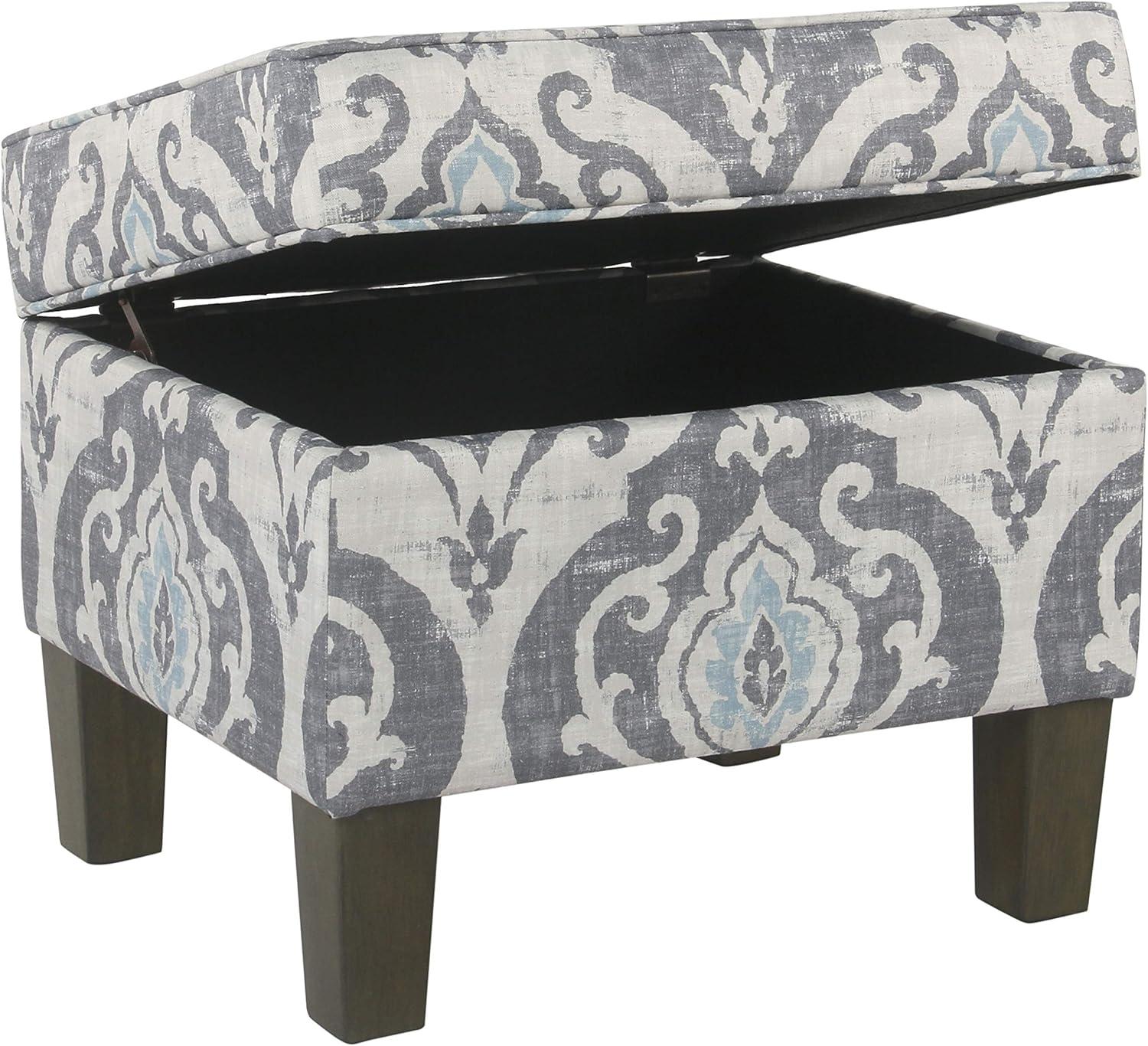 Medium Storage Ottoman Gray/Blue - HomePop: Upholstered Rectangular Footstool with Damask Pattern, Plywood & Hardwood Frame