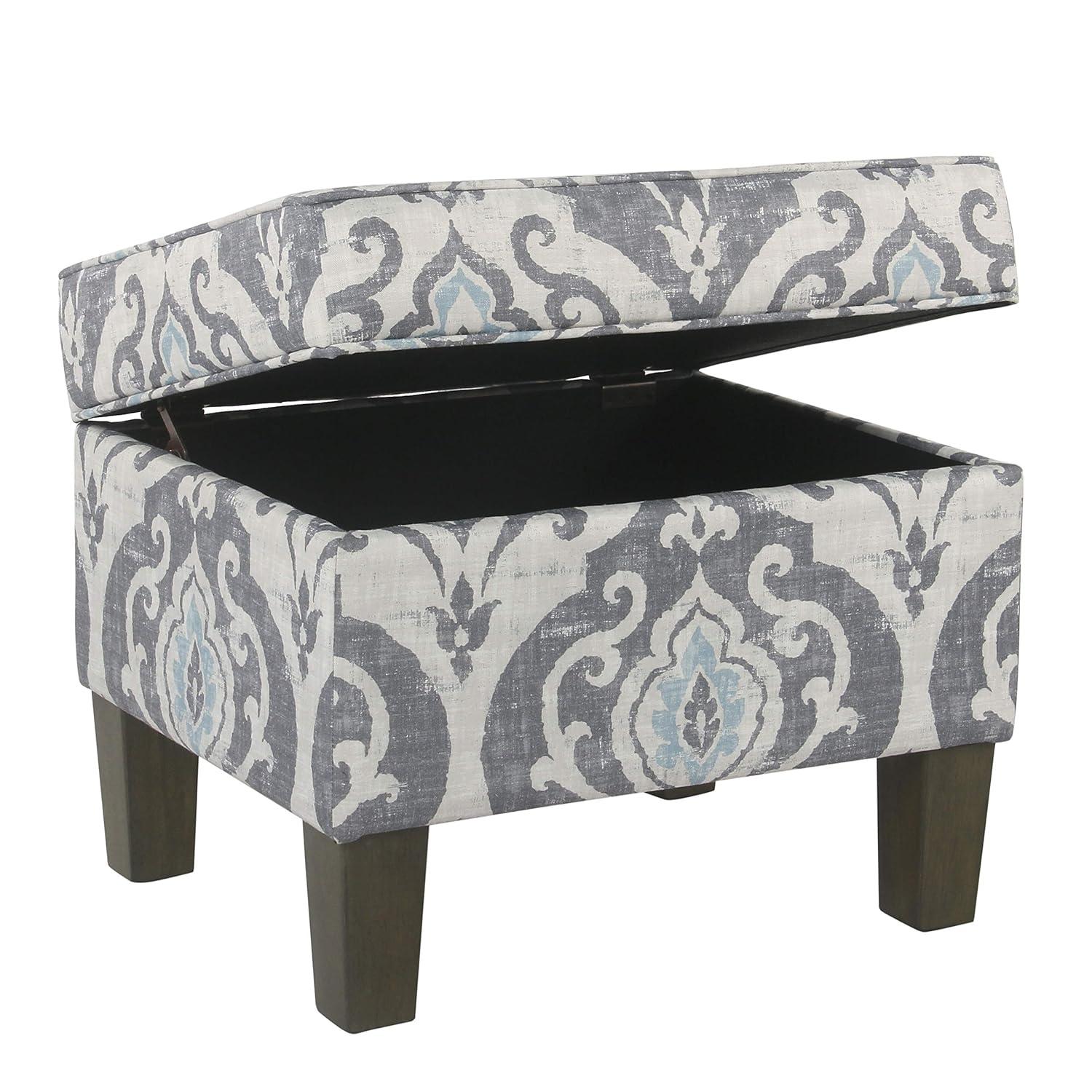 Medium Storage Ottoman Gray/Blue - HomePop: Upholstered Rectangular Footstool with Damask Pattern, Plywood & Hardwood Frame