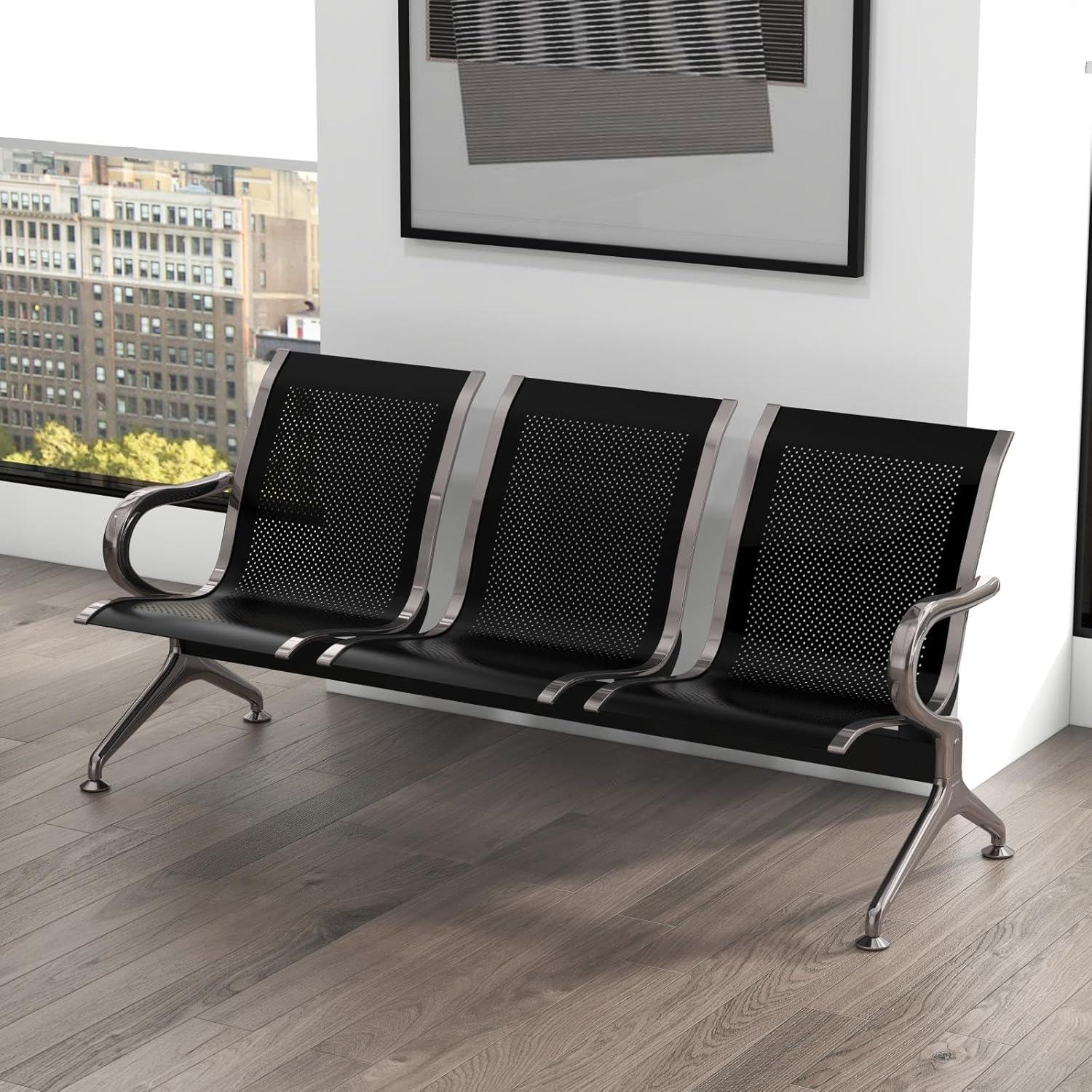 Kinbor Waiting Room Chairs, 3-Seat Reception Chairs Office Guest Waiting Furniture Bench Seating for Airport Bank Hospital, Black