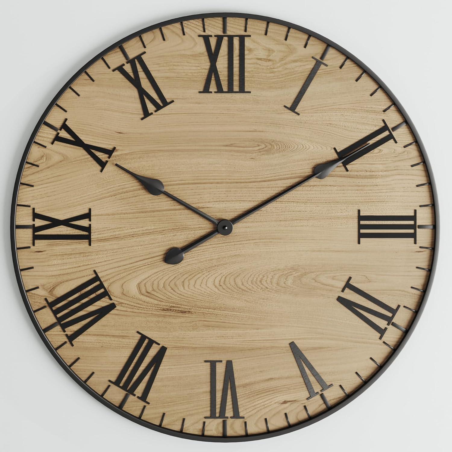 Large 24-Inch Natural Wood Wall Clock with Black Roman Numerals