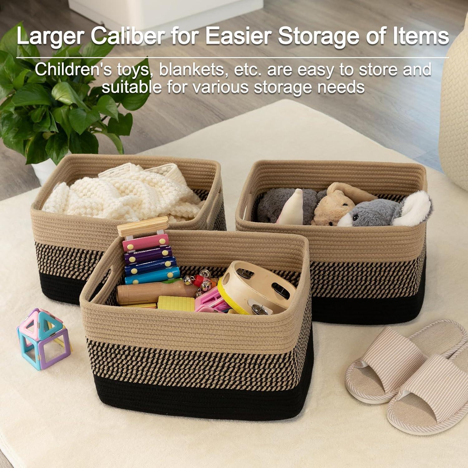 Set of 3 Black and Beige Cotton Rope Rectangular Storage Baskets