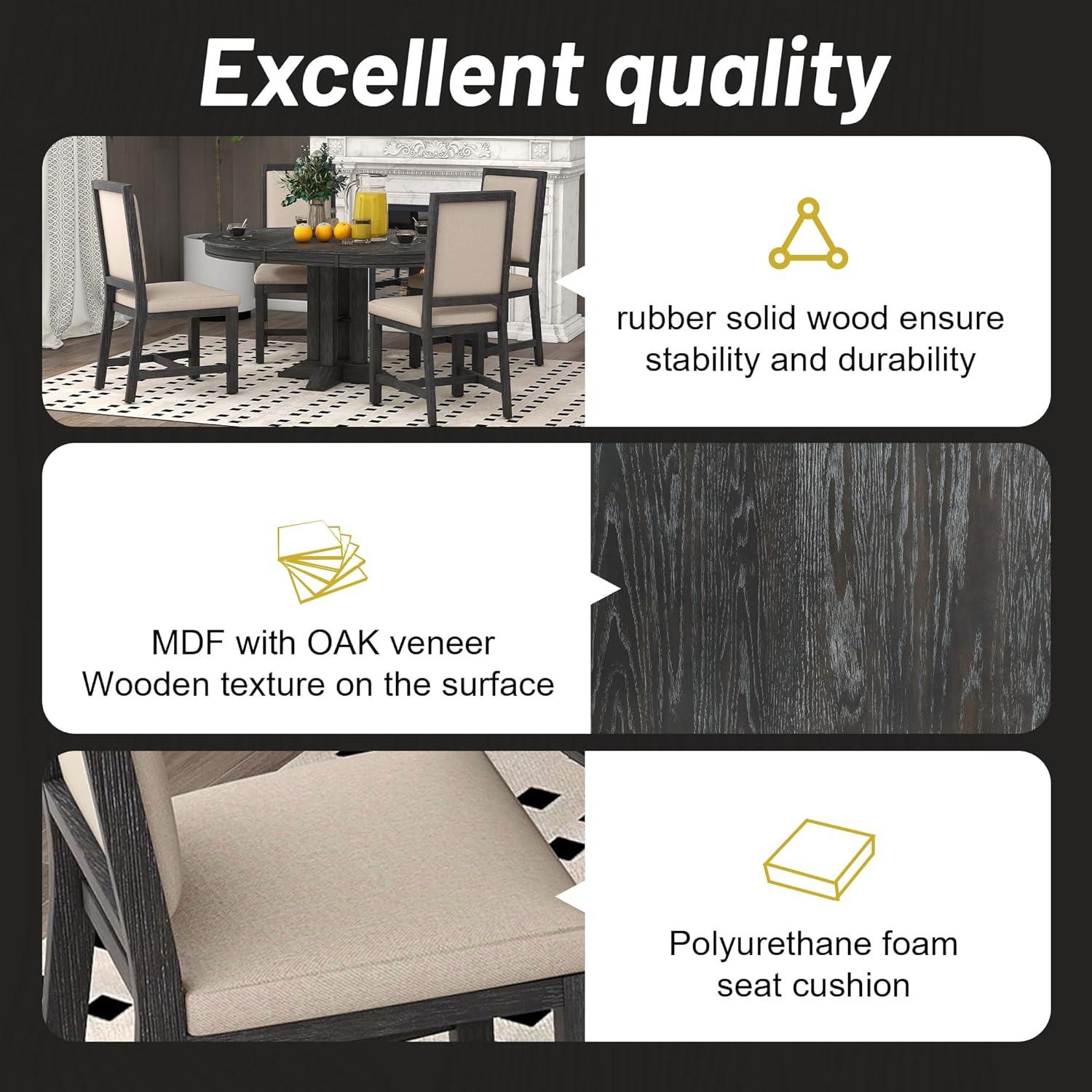 Bellemave Extendable Dining Table Set for 4, 5-Piece Round Table Set with 4 Chairs, Circle Table with Upholstered Chairs, Oval Kitchen Table Set with Extendable Table (Natural Wood Wash)